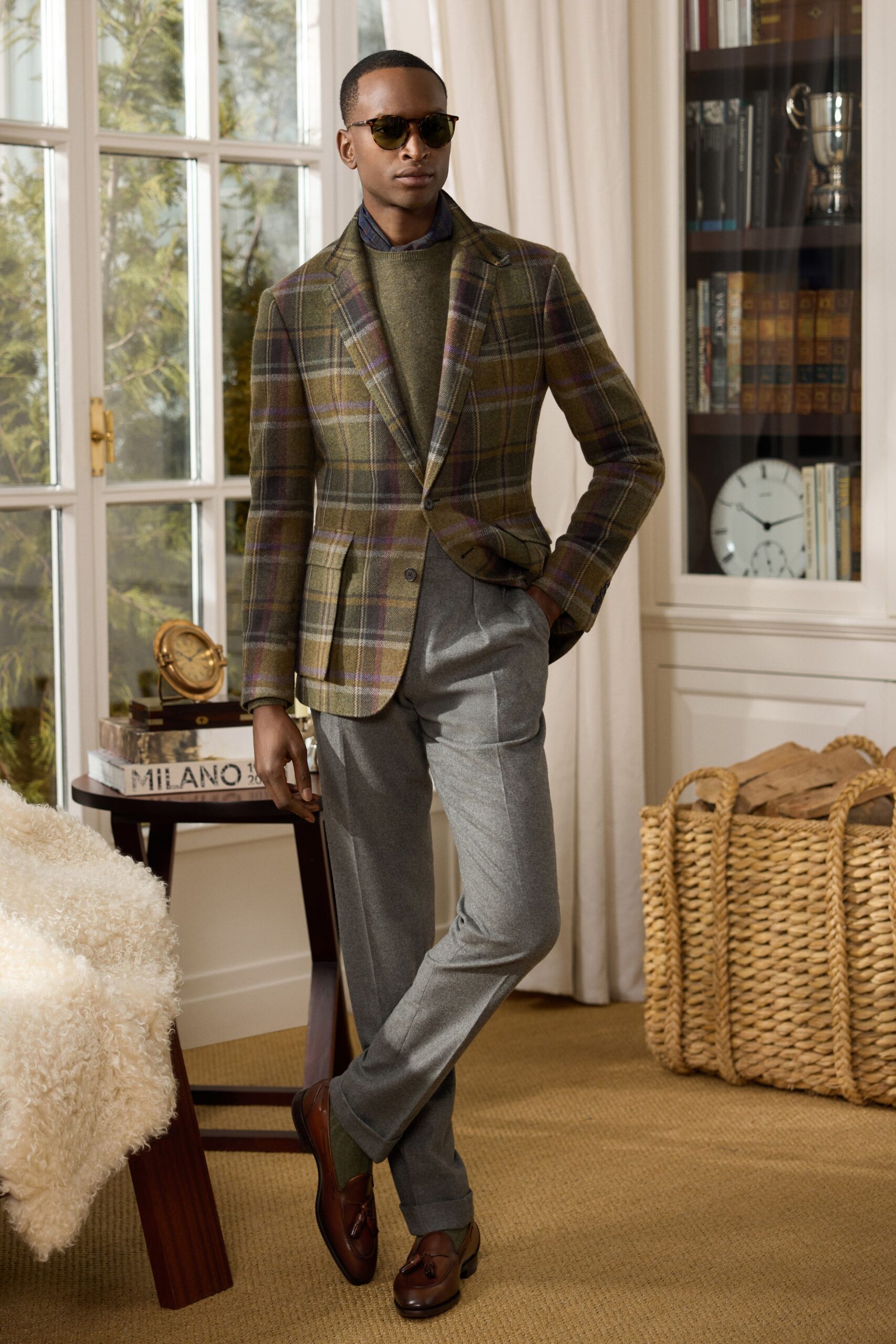 green wool long-sleeve collared tailored checked blazer