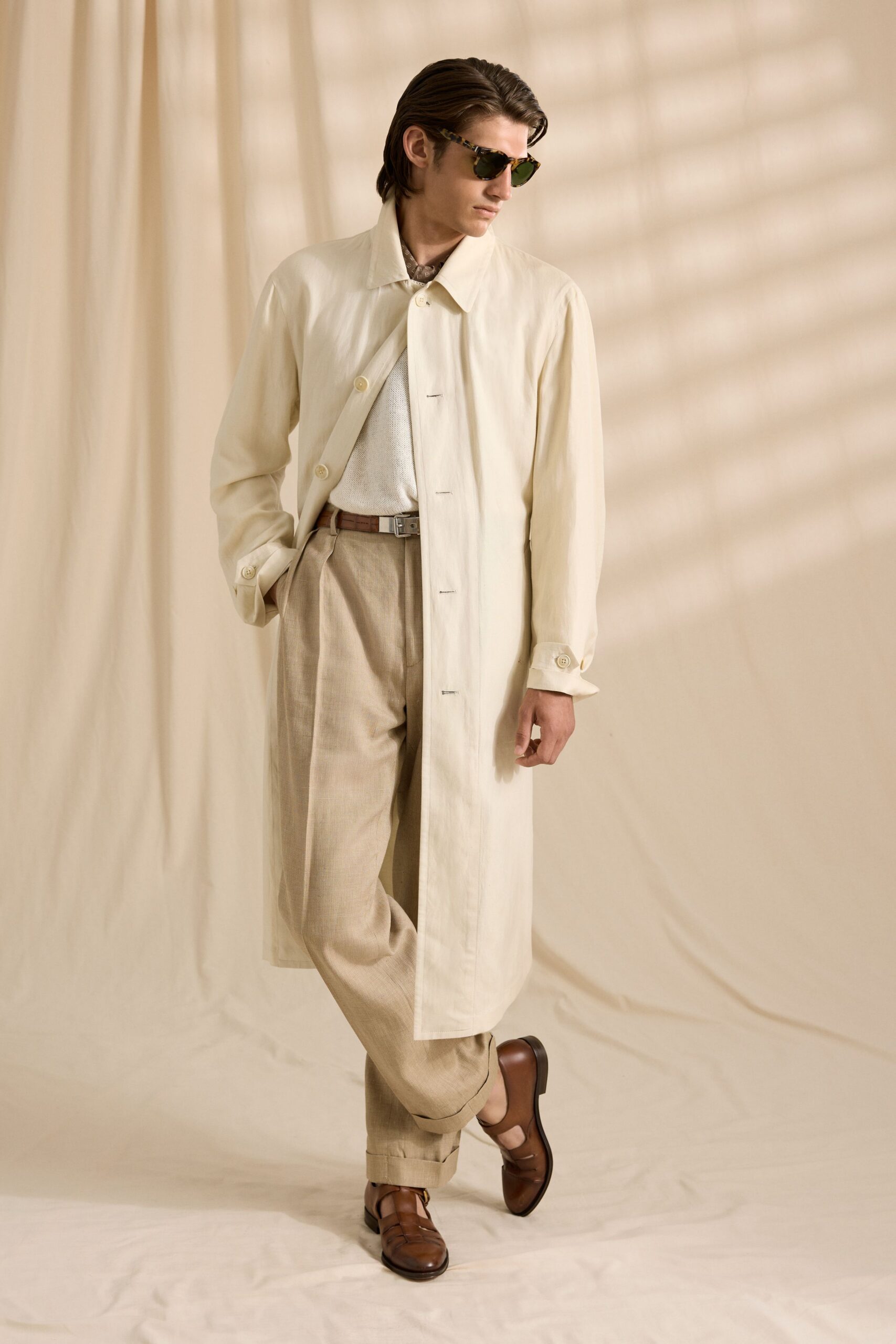 beige coat white shirt beige pants brown shoes
