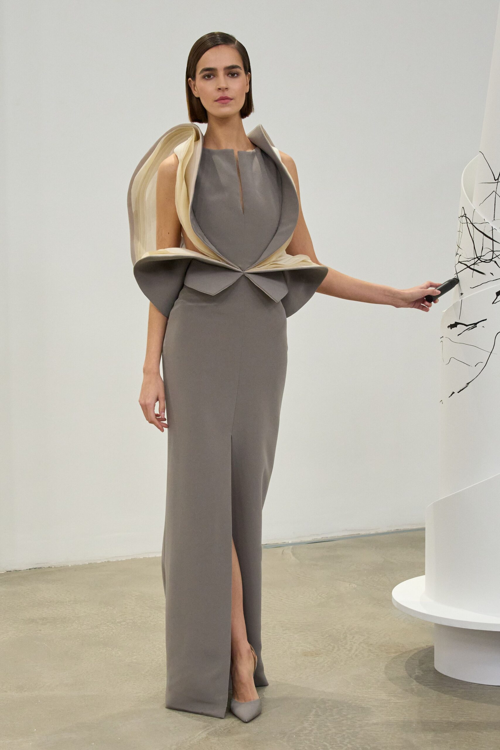gray silk sleeveless high-neck fitted draped maxi gown