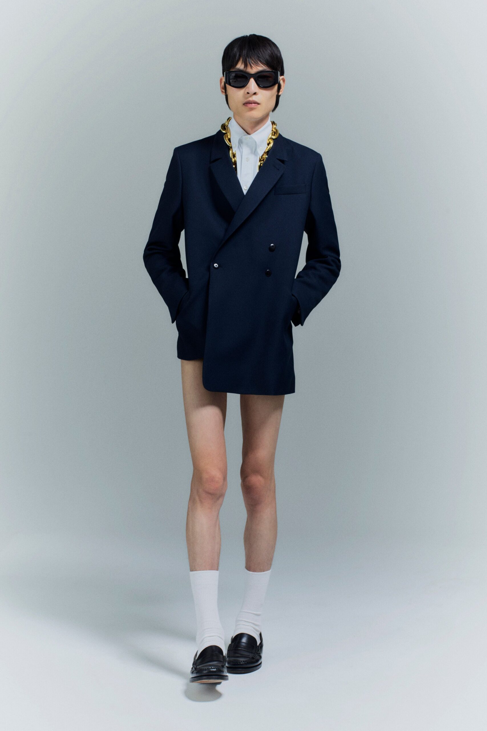 navy tailored blazer with shorts