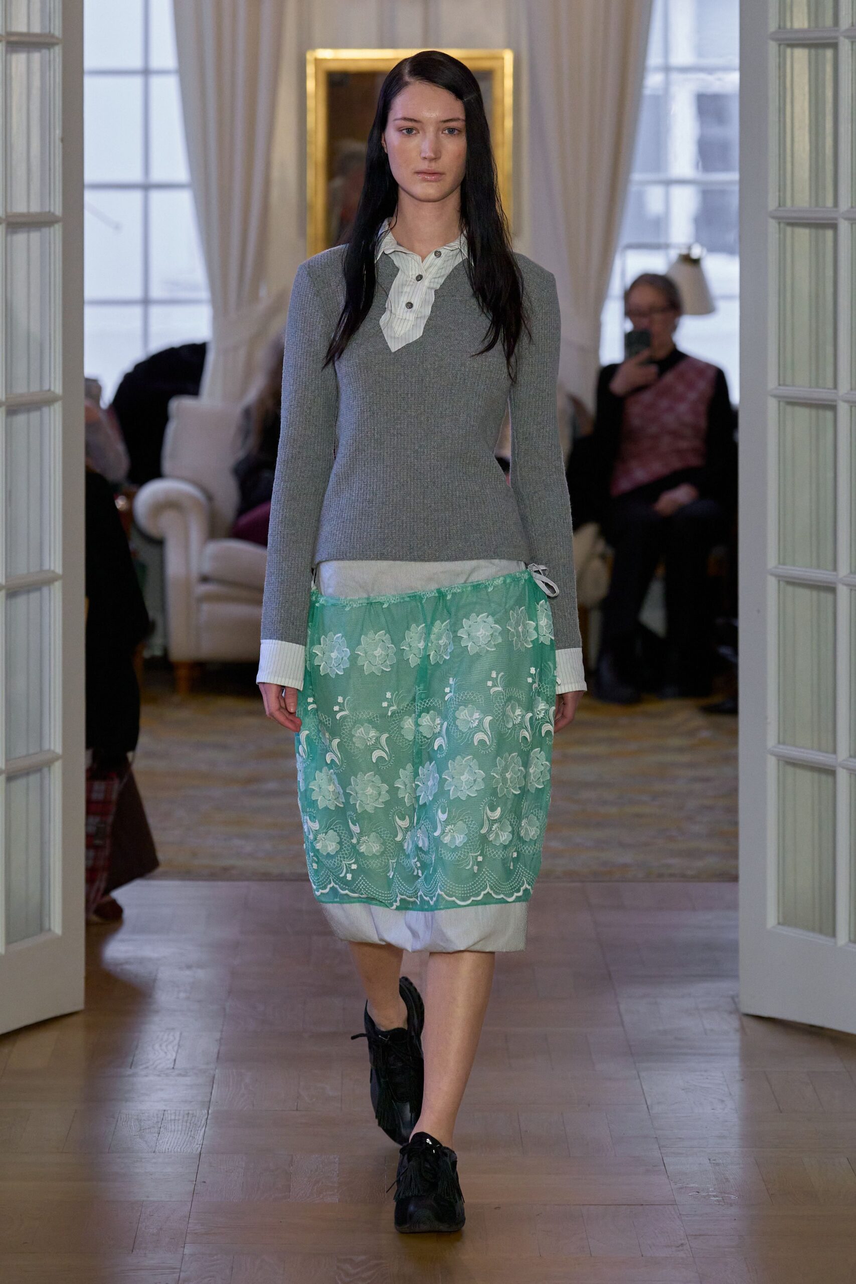 green lace fitted tiered midi skirt