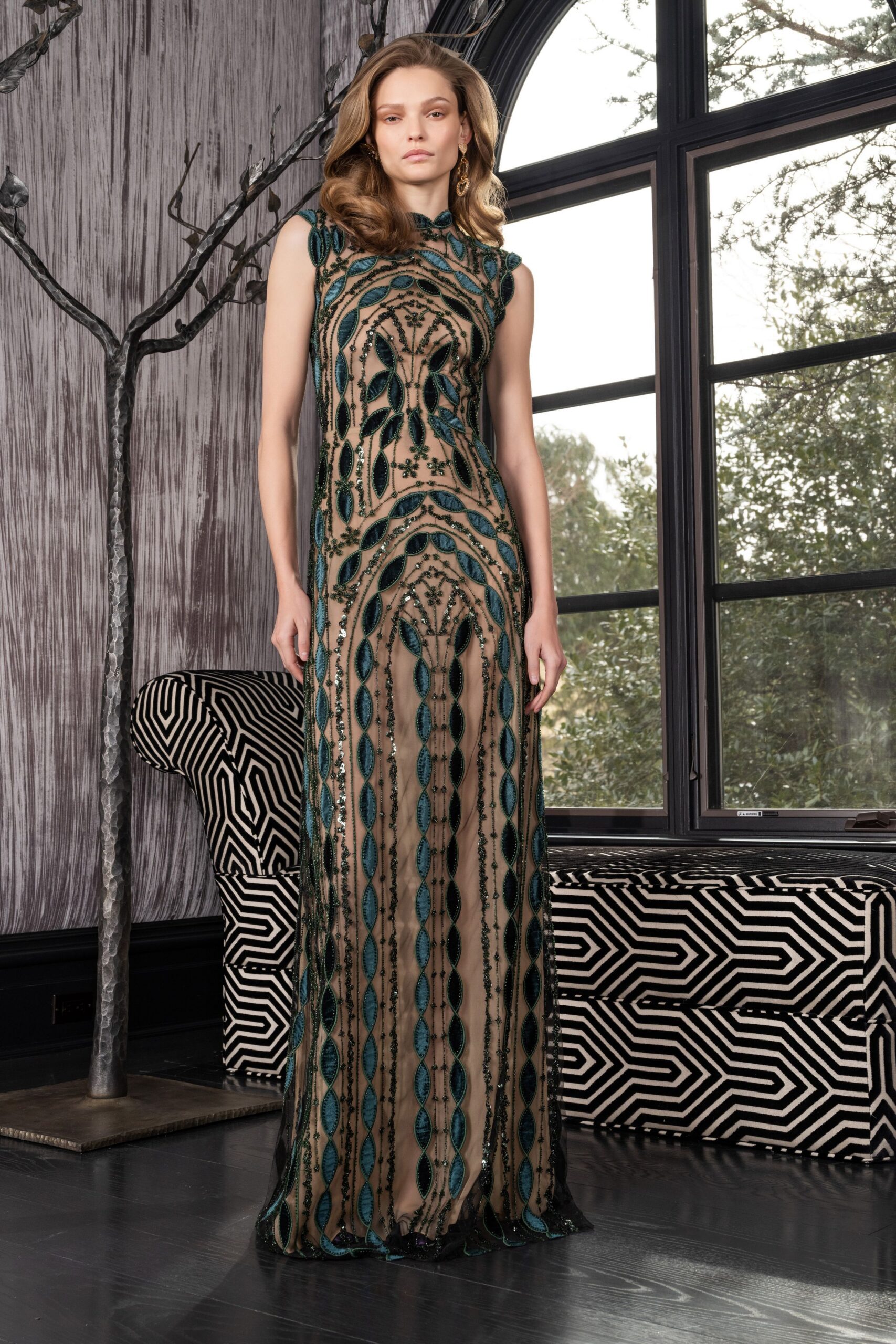 black teal embroidered sheer gown