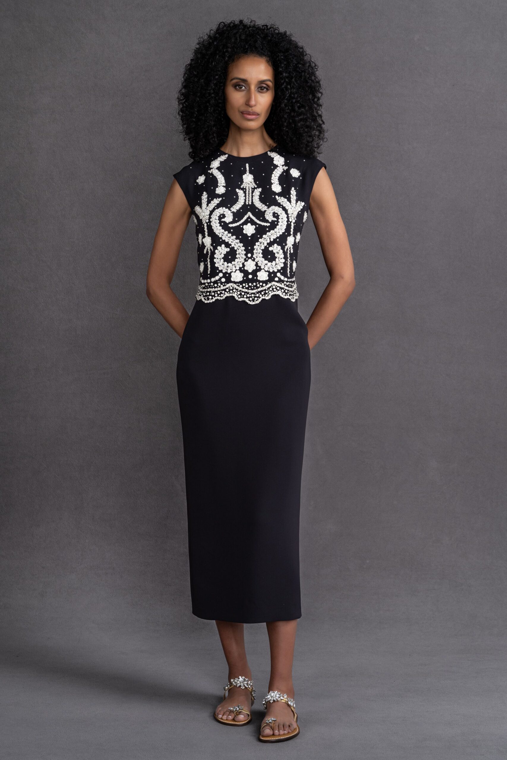 black cotton short-sleeve v-neck fitted embroidered pencil dress