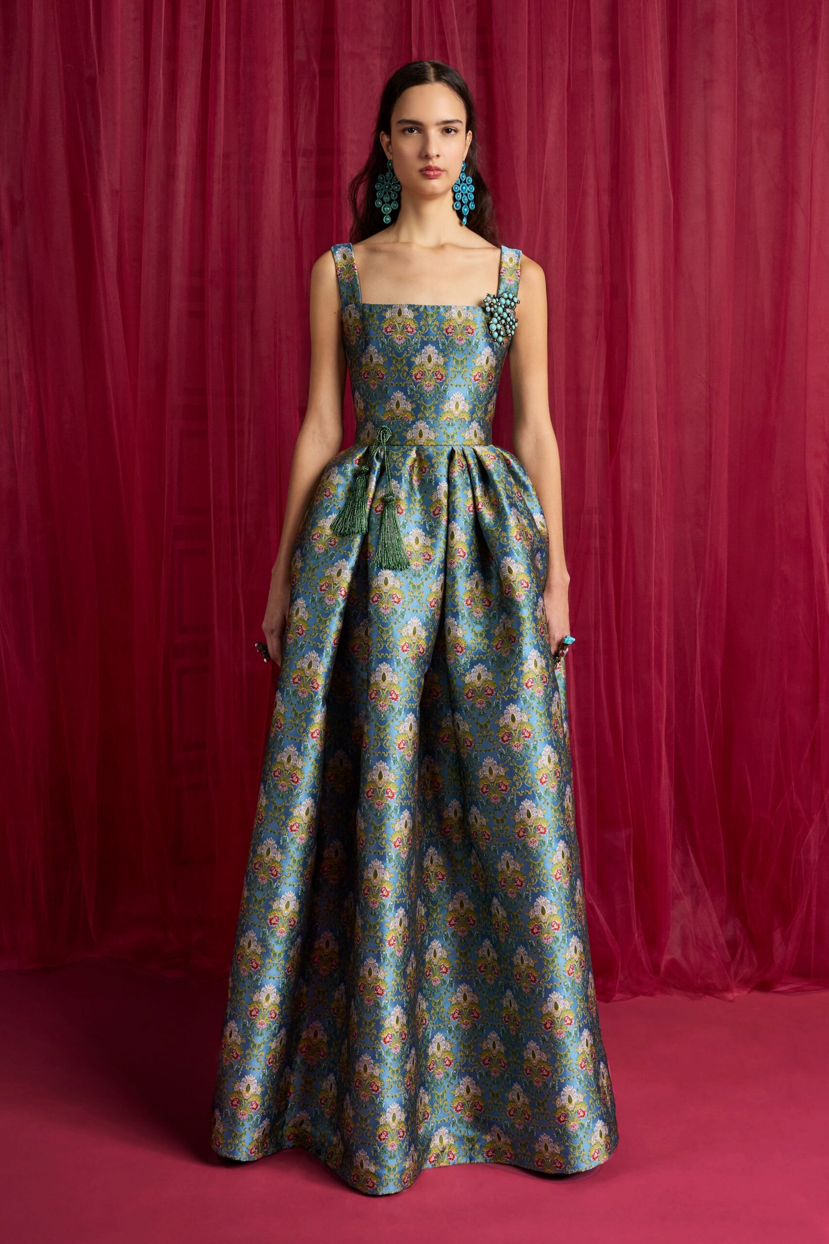 blue and gold pleated gown