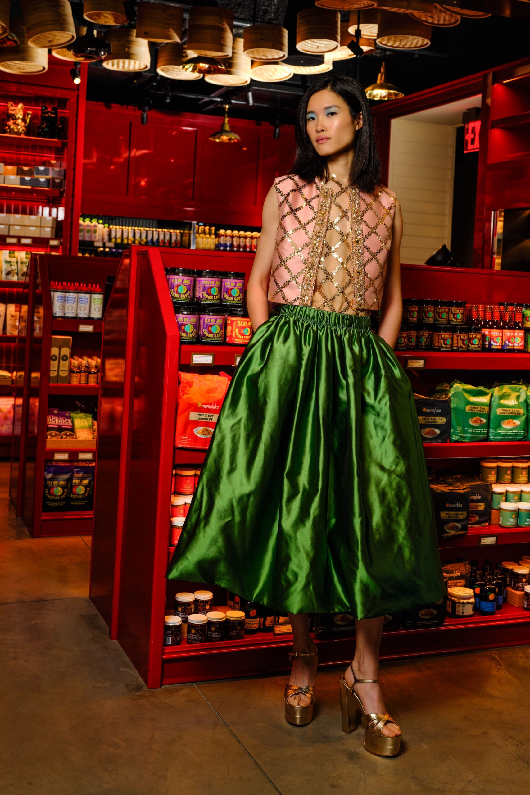 green satin relaxed pleated flowing midi skirt