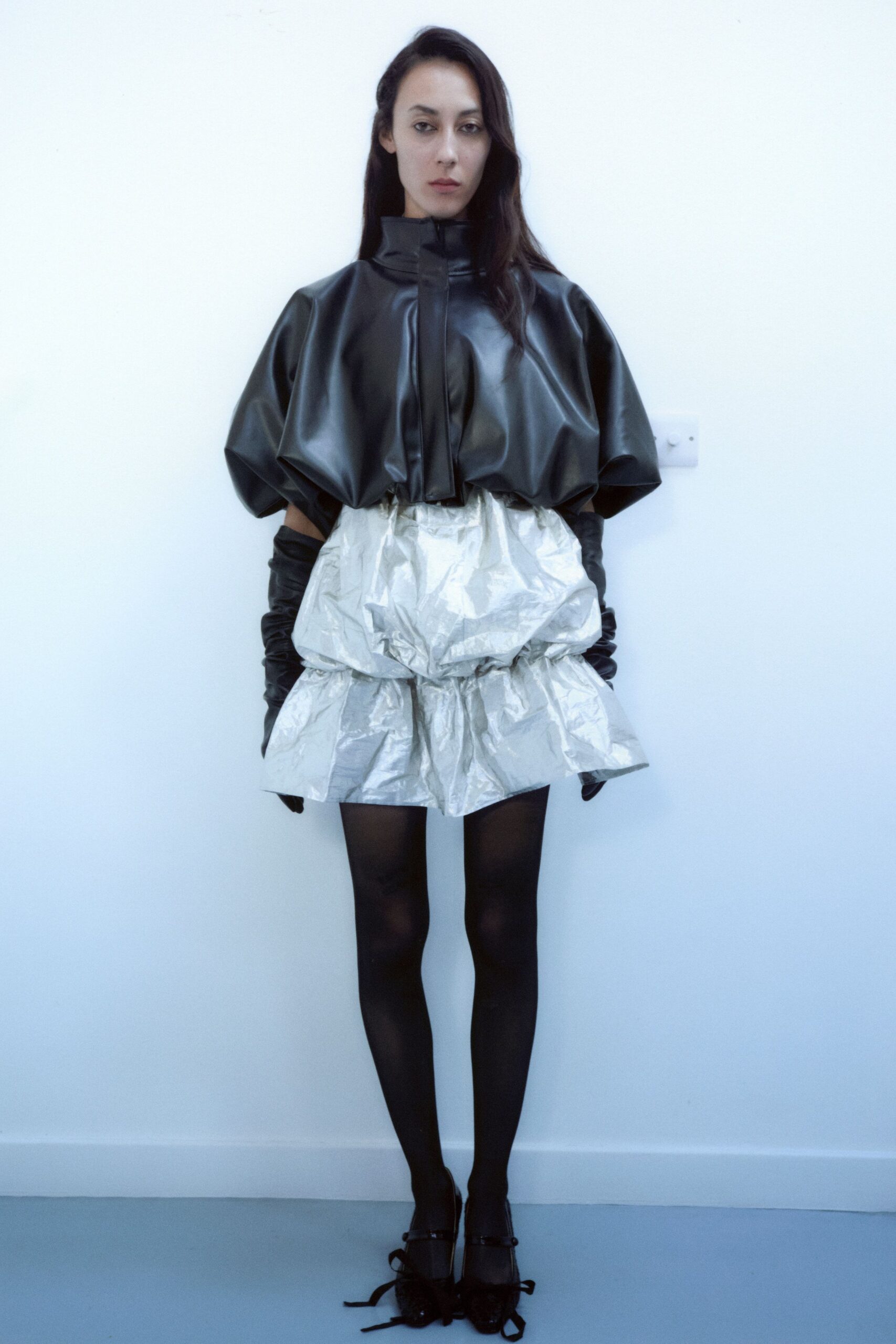 black leather long-sleeve collared relaxed draped top