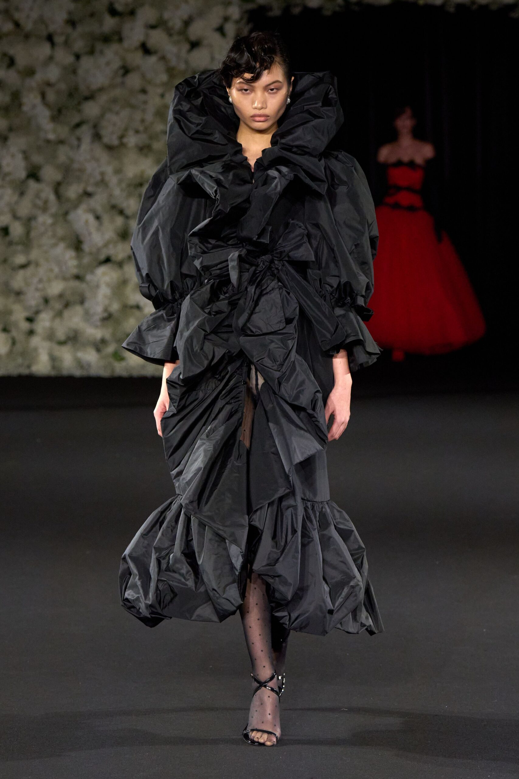 black silk long-sleeve high-neck relaxed ruffled draped gown