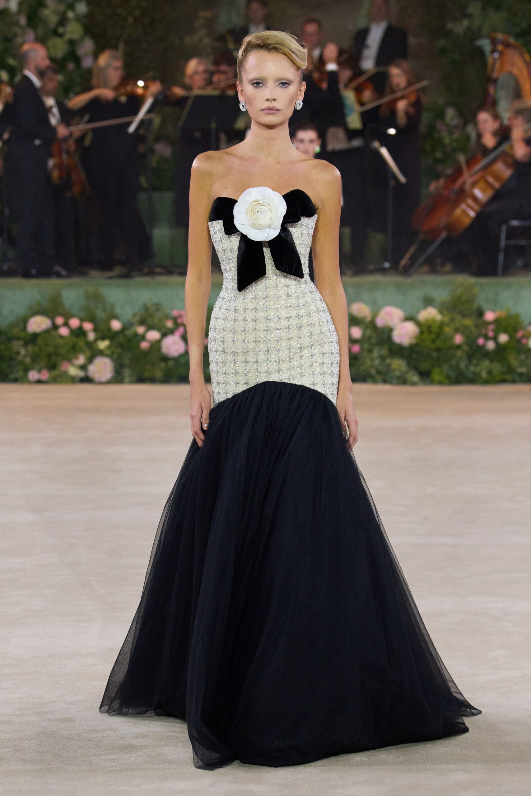 black and white strapless gown
