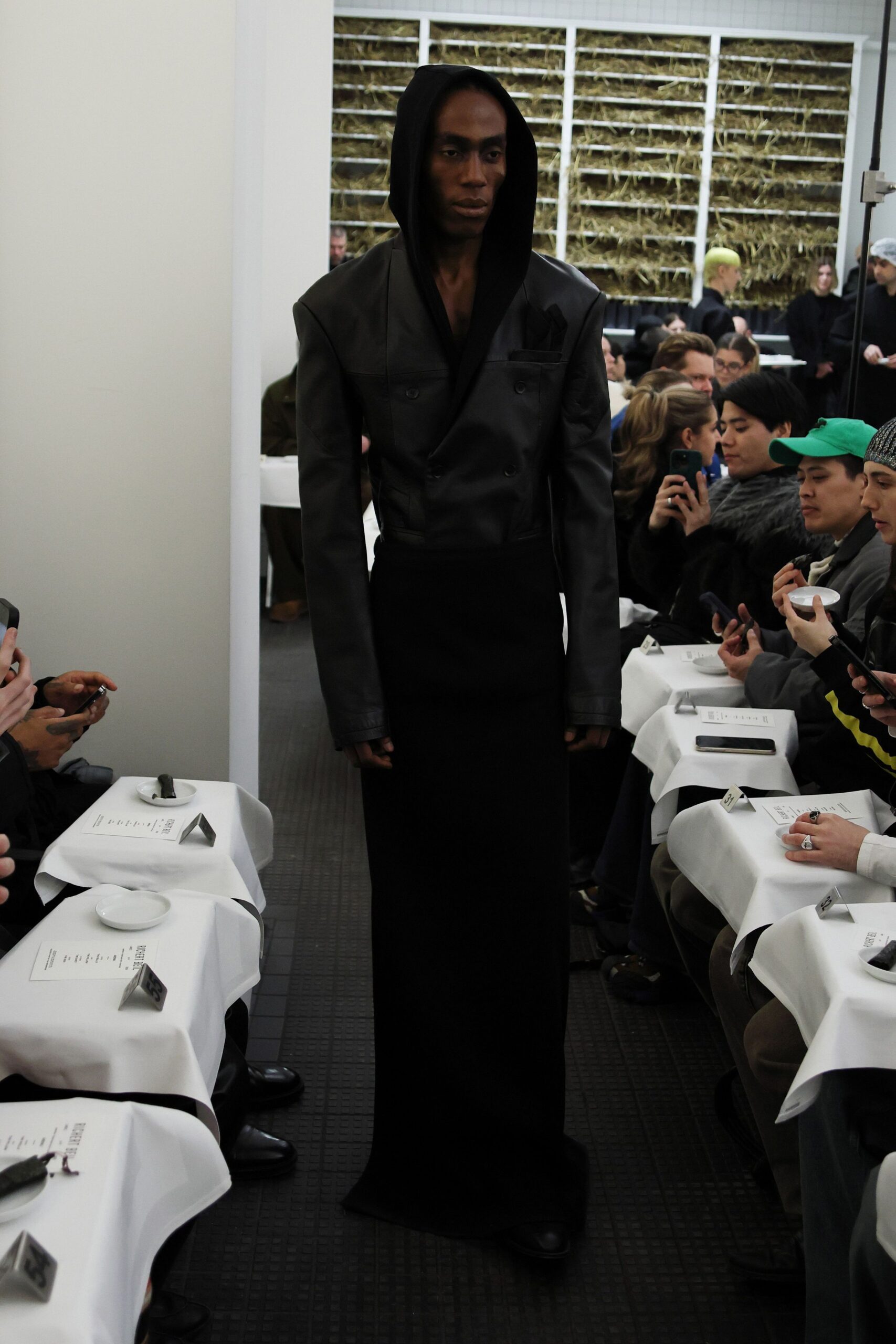 black leather hooded maxi dress