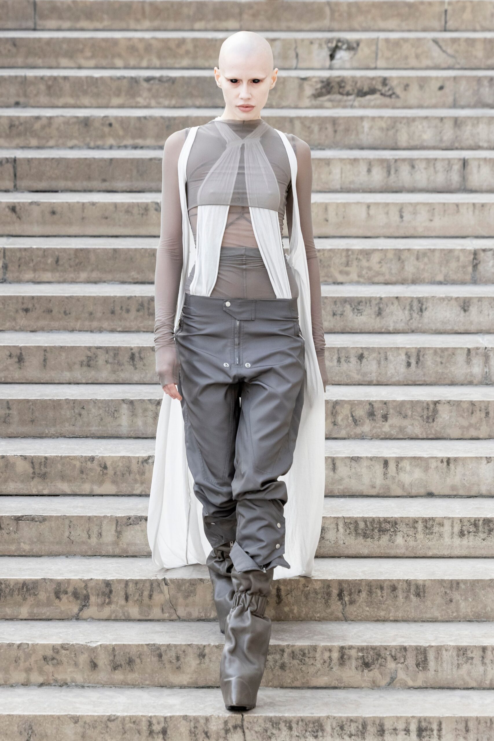 gray silk sleeveless v-neck fitted layered flowing dress