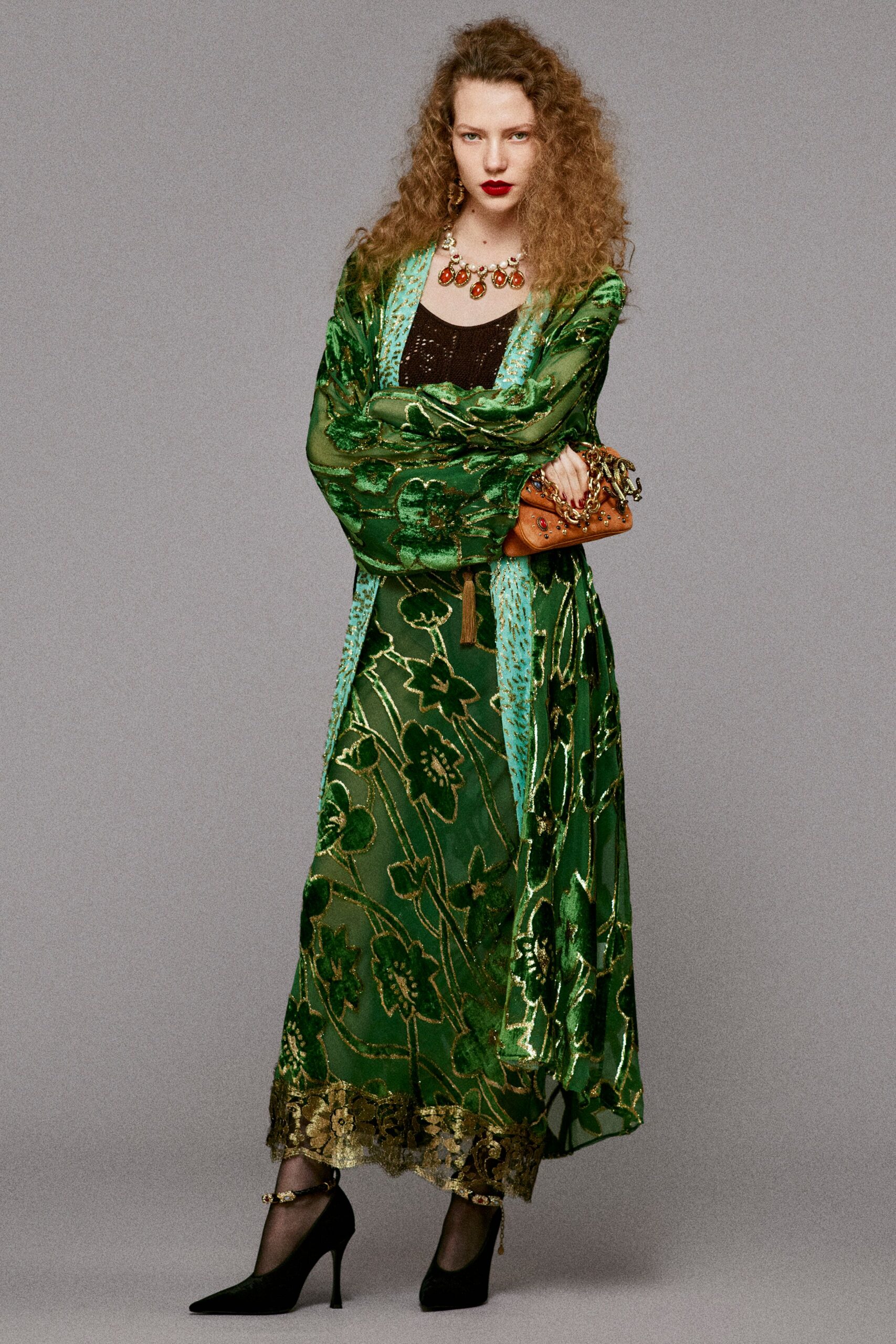 green silk long-sleeve v-neck fitted embroidered layered gown