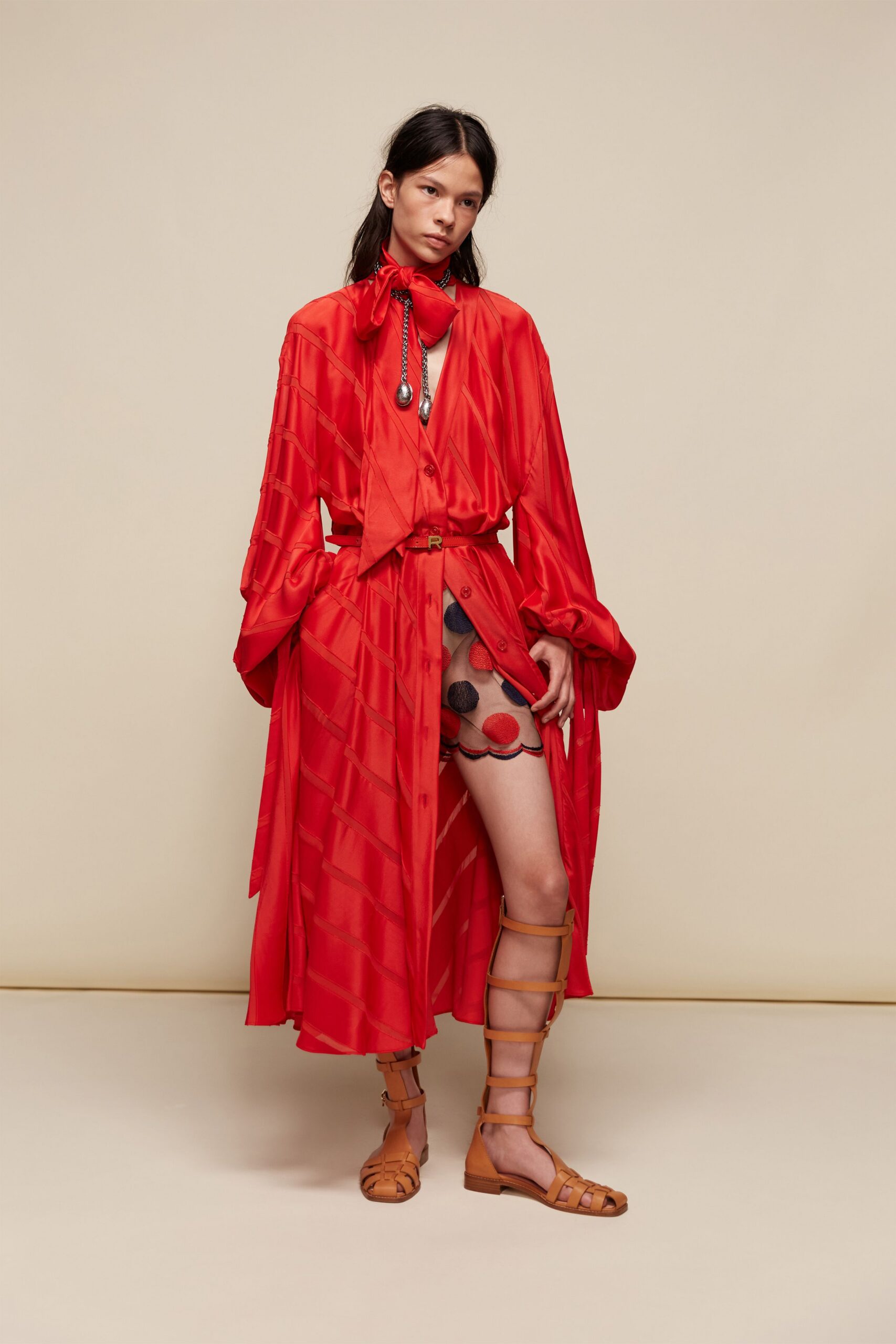 red silk long-sleeve collared relaxed draped belted dress