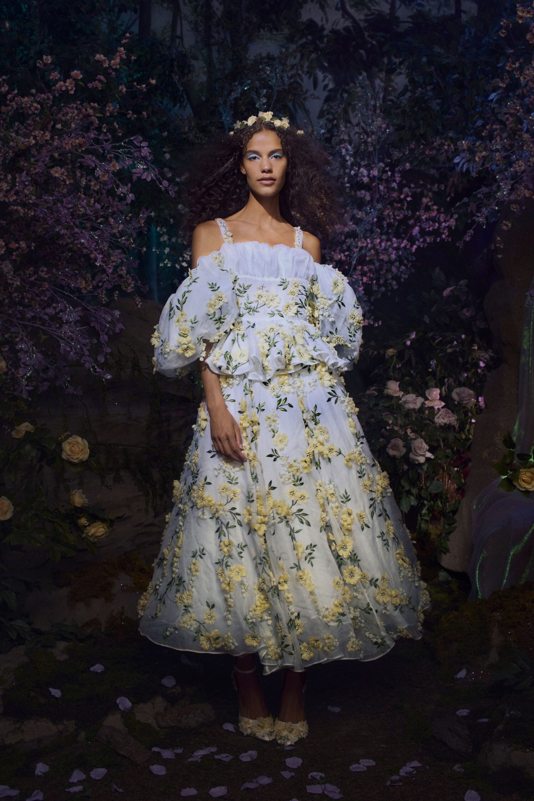 white tulle off-shoulder short-sleeve relaxed floral tiered dress