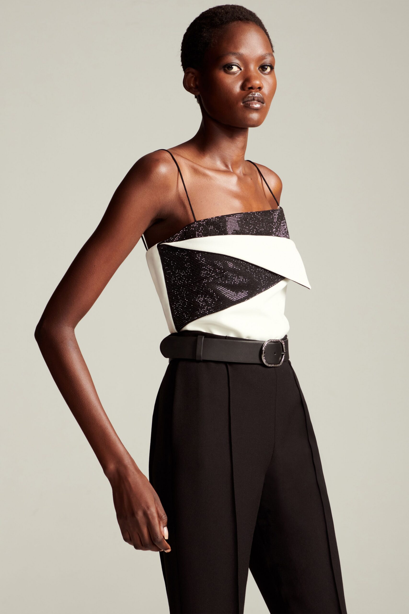 black sequin sleeveless square-neck fitted color-blocked top