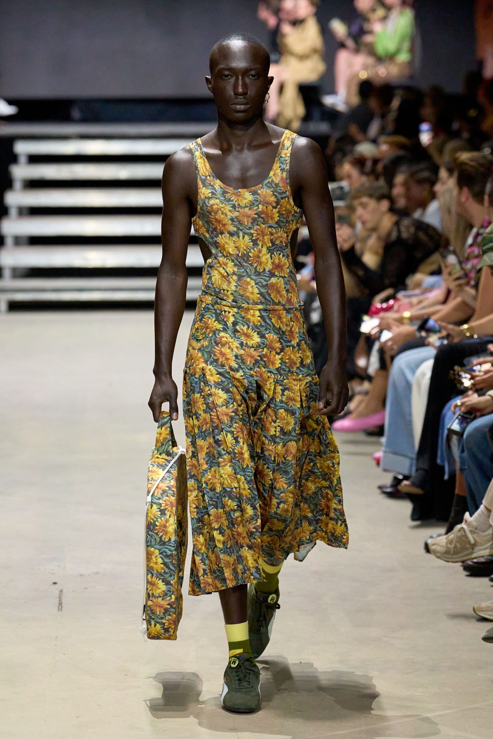 yellow cotton sleeveless v-neck relaxed floral flared dress