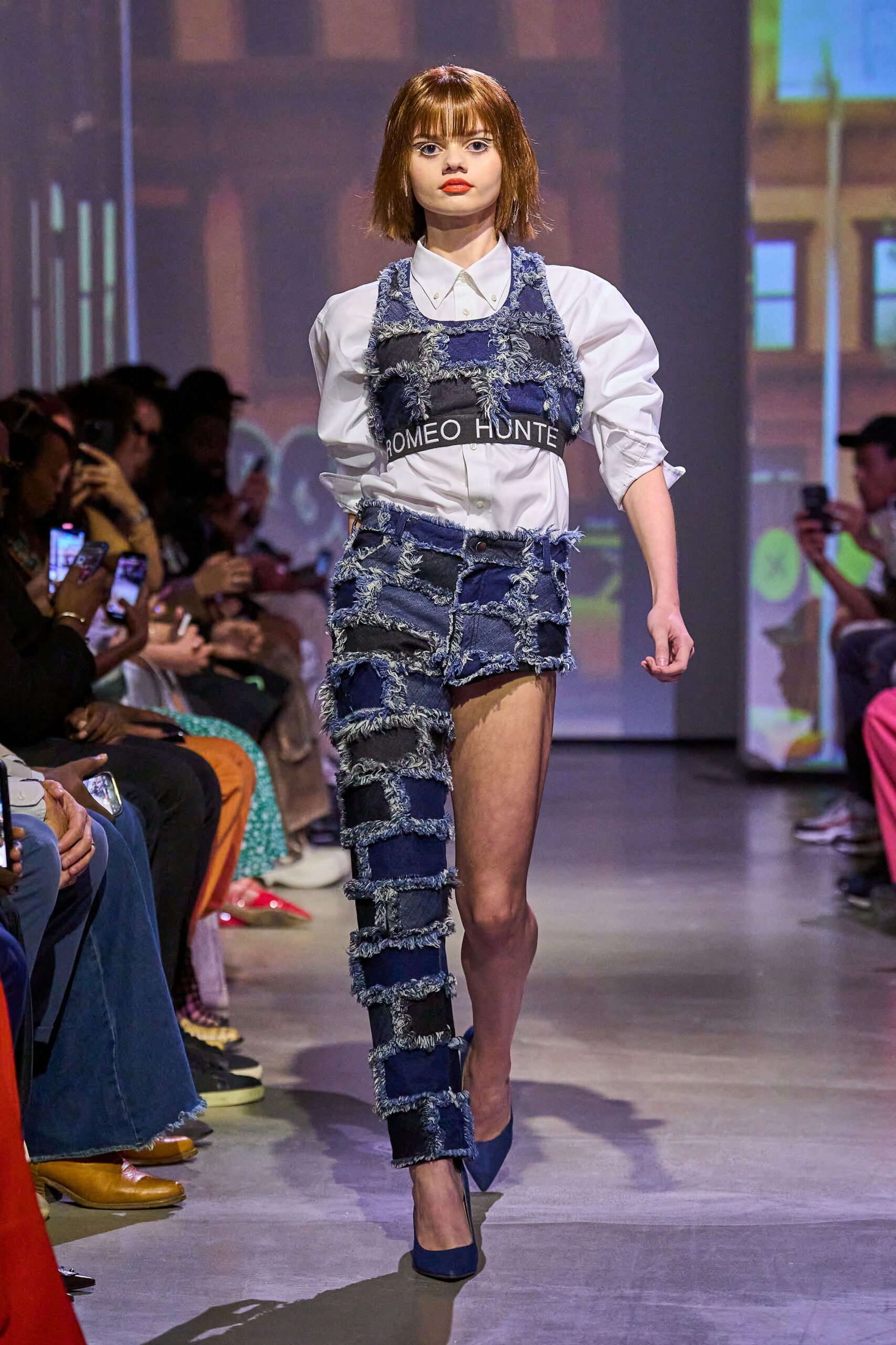 blue denim asymmetric fitted fringed mini skirt