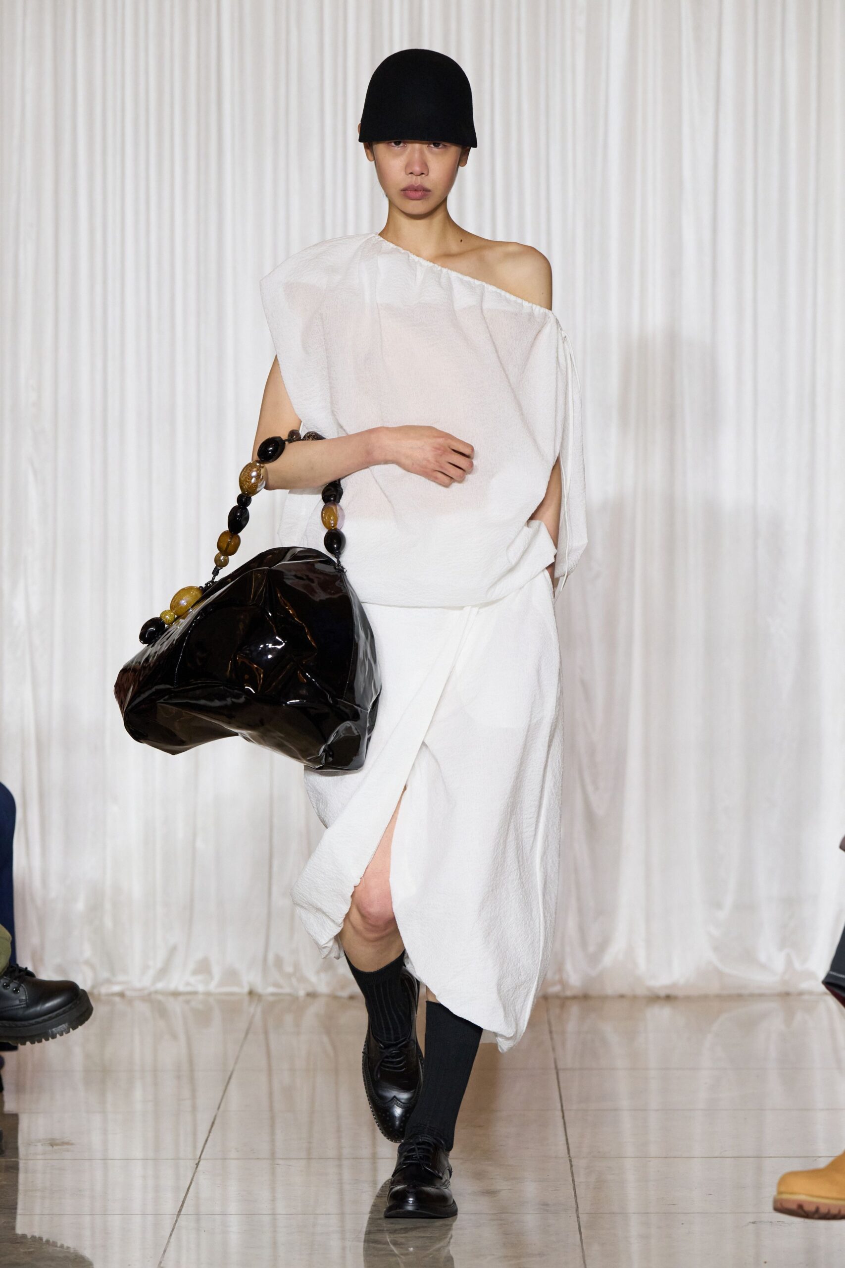 white cotton off-shoulder asymmetric relaxed draped midi dress