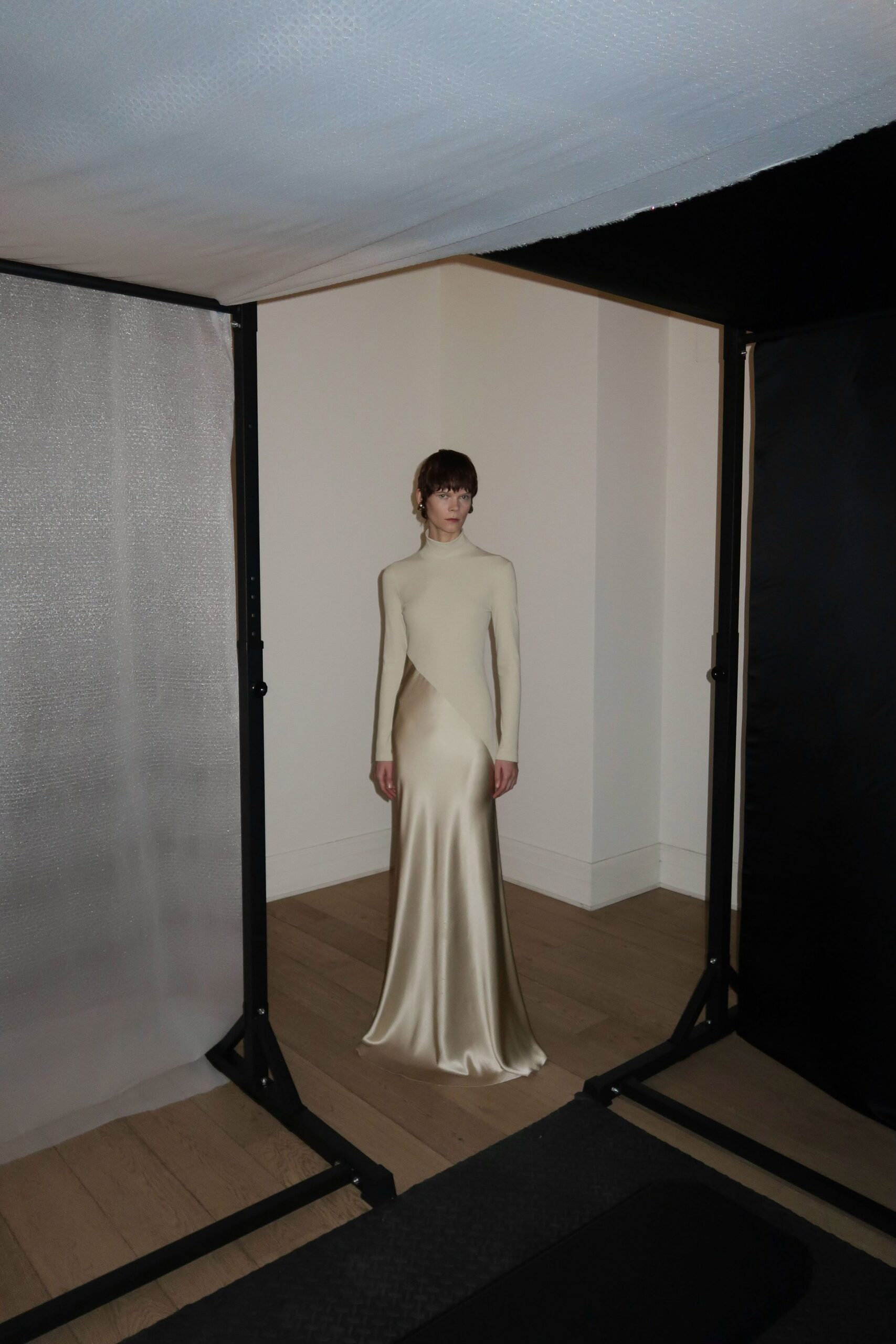 ivory satin fitted gown