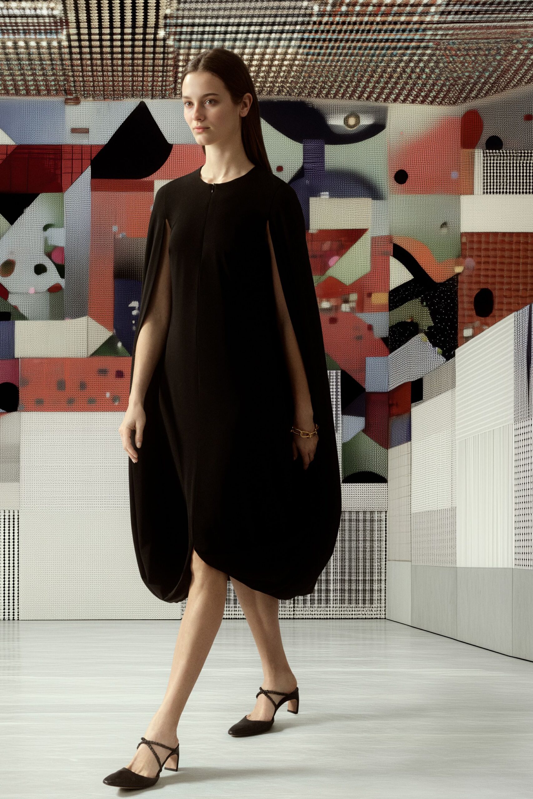 black silk sleeveless collared relaxed draped midi dress