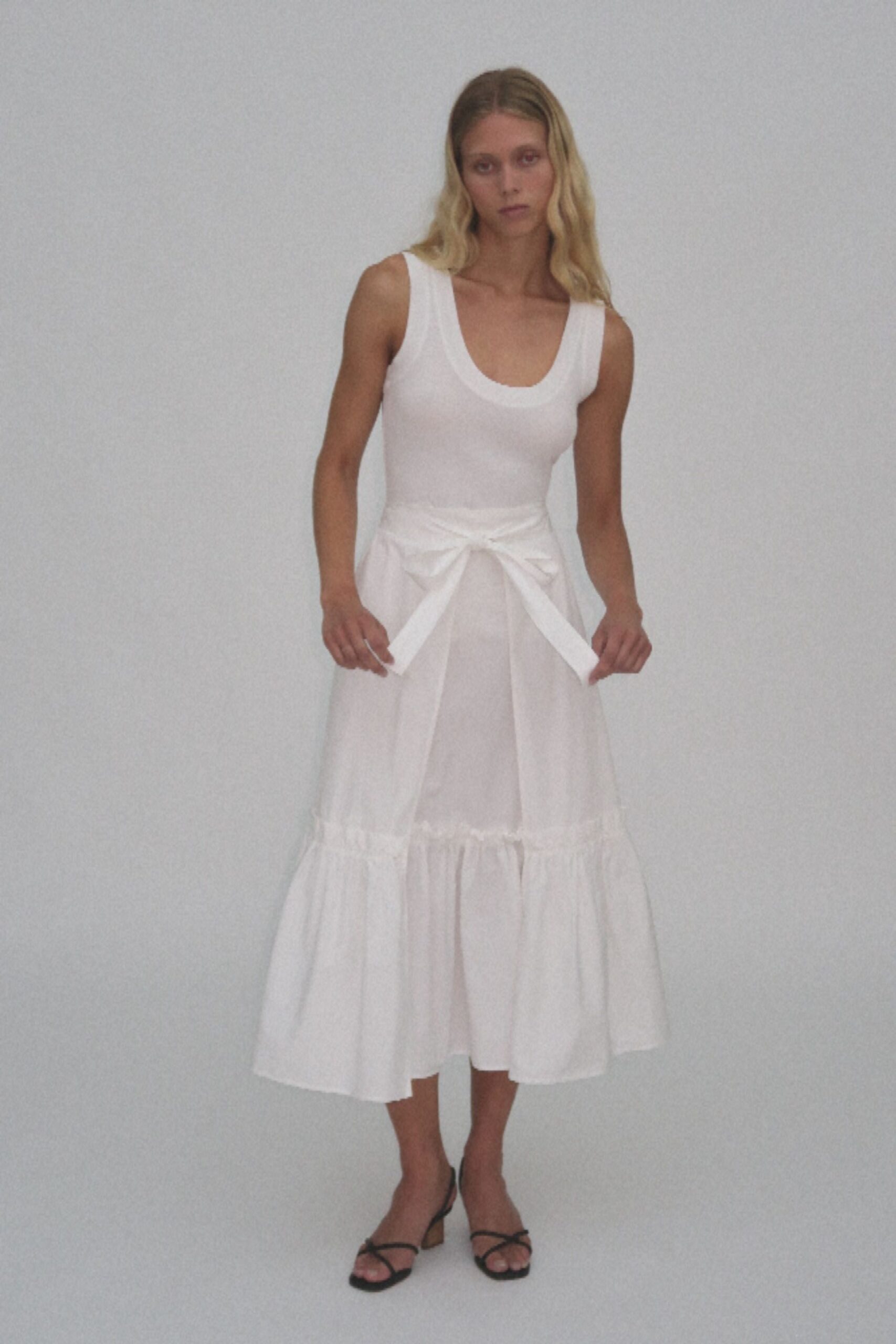 white cotton sleeveless scoop-neck fitted tiered belted dress