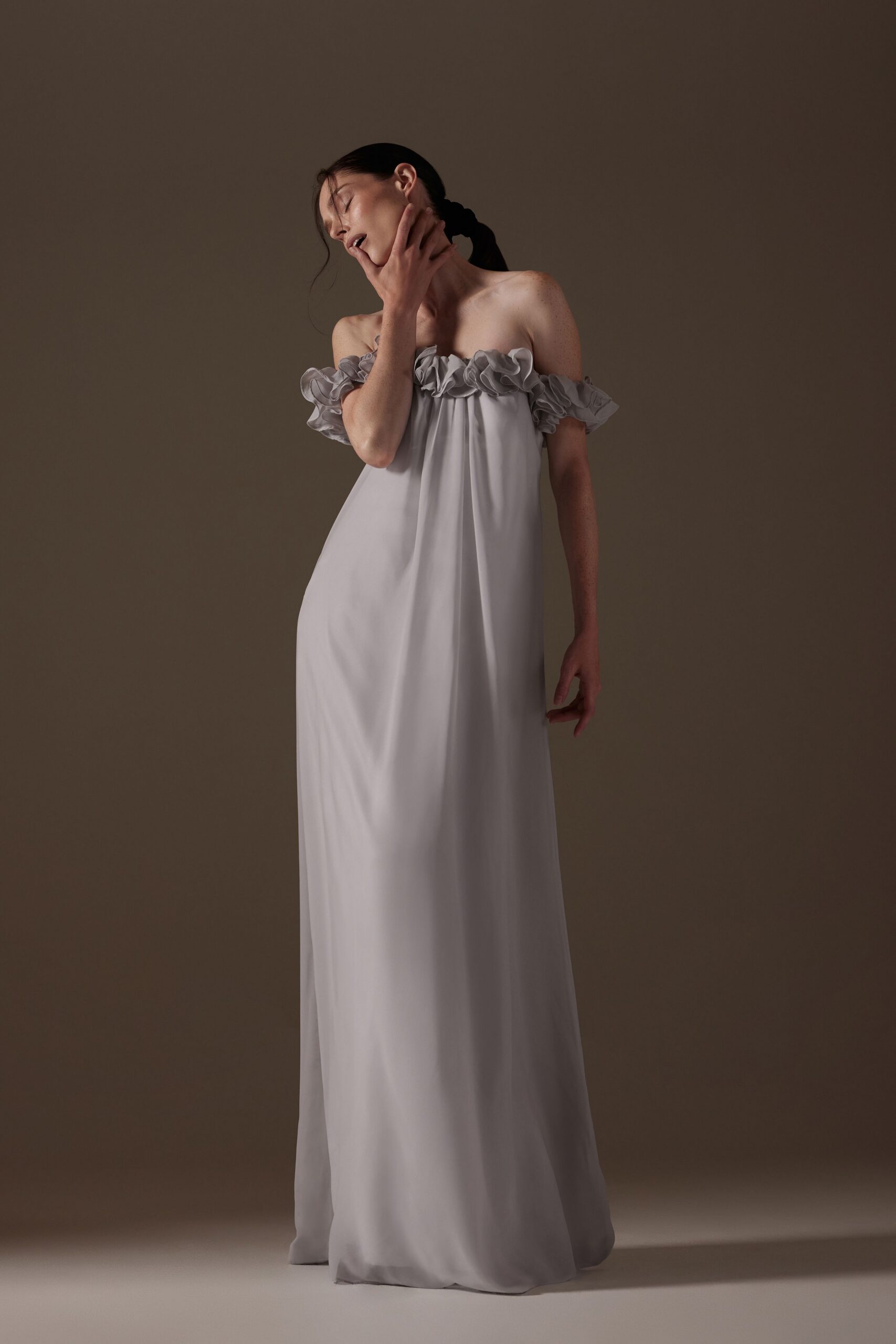 gray silk off-shoulder gown