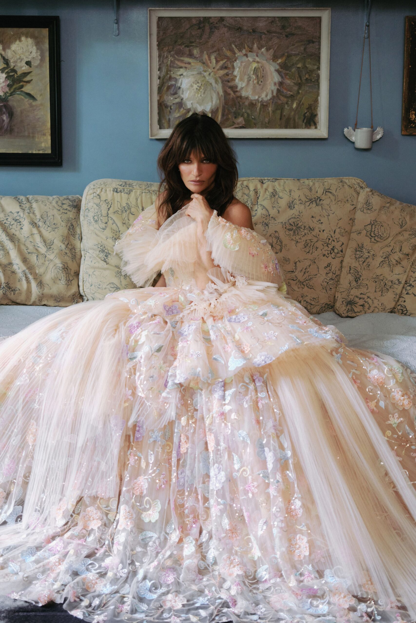 pink multi-layered embroidered gown