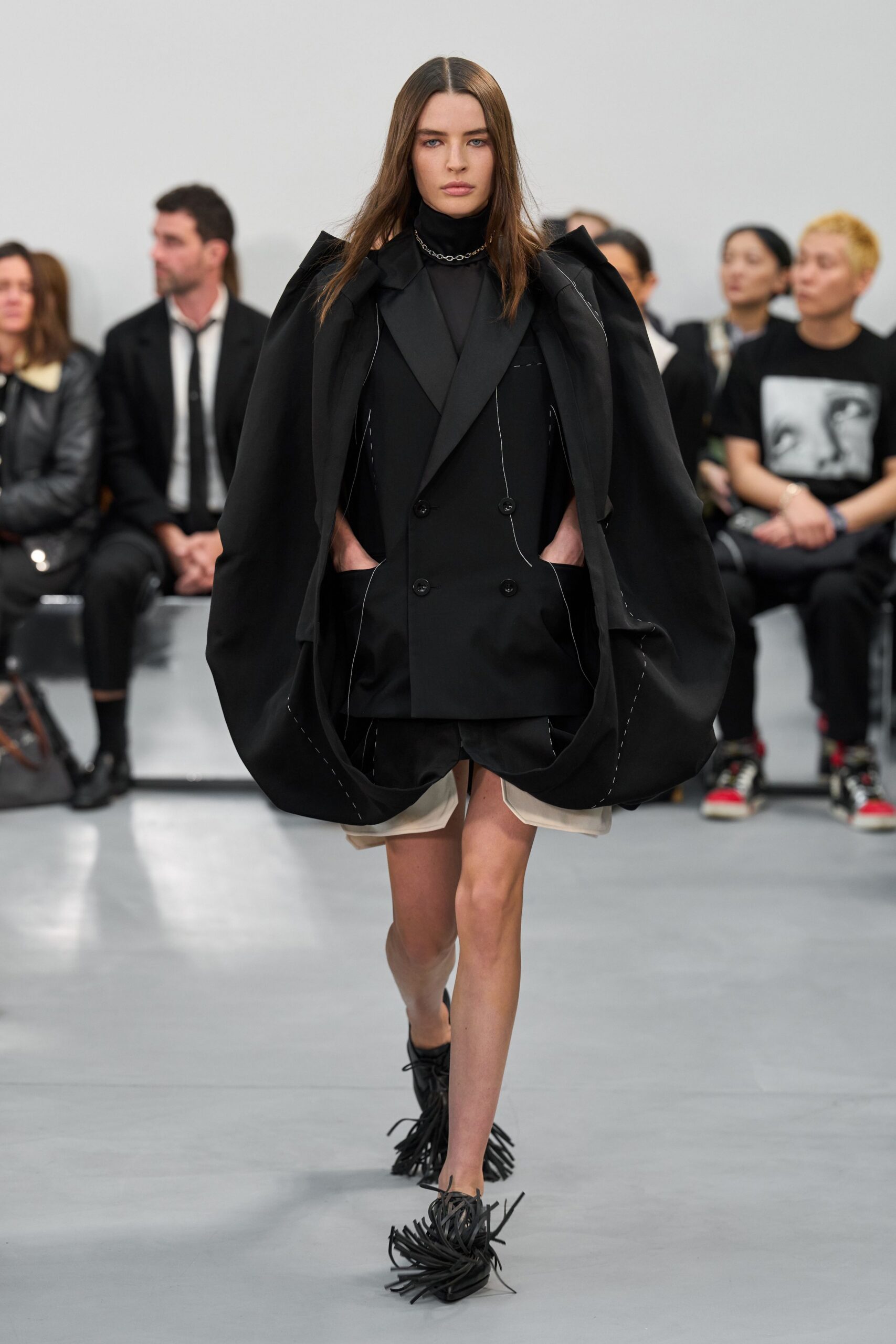 black wool long-sleeve collared structured layered coat