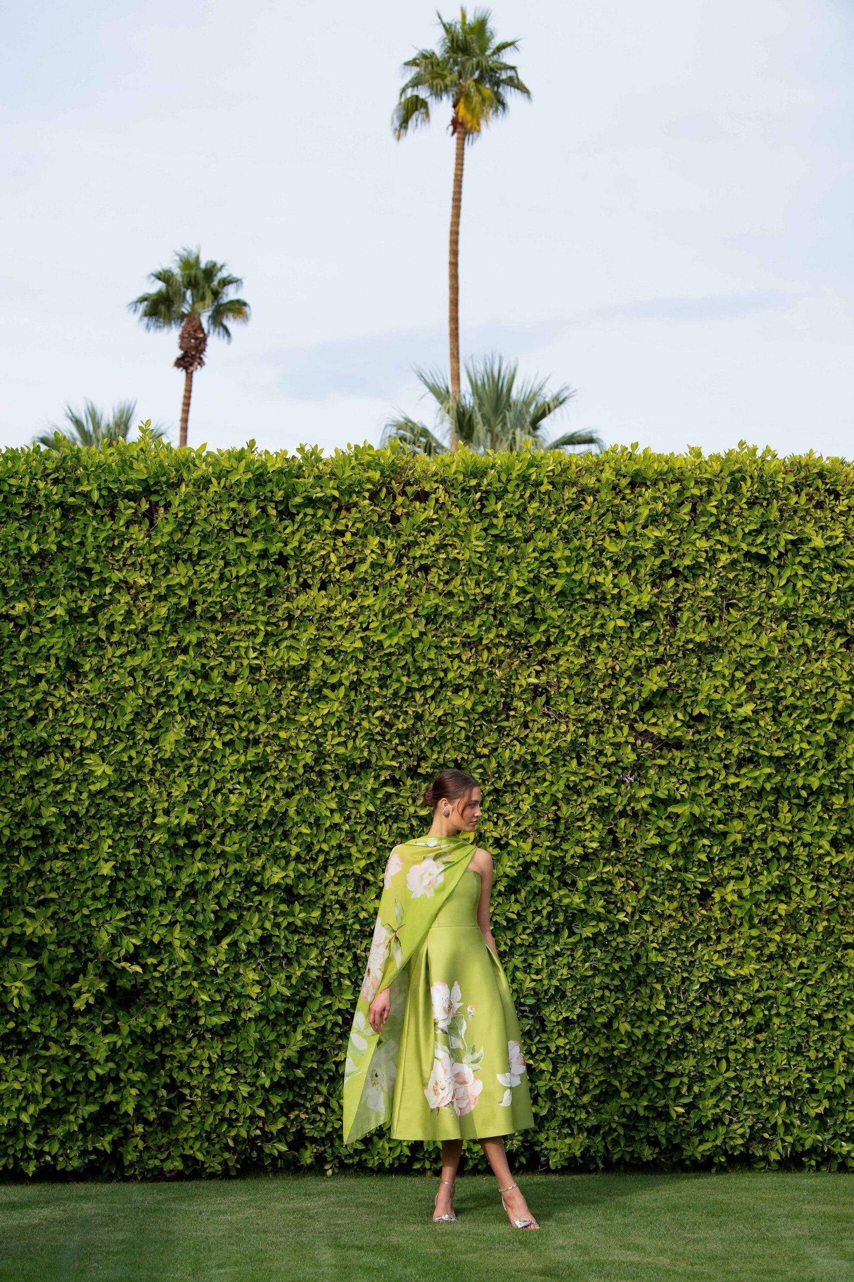 green silk sleeveless asymmetric fitted floral draped dress