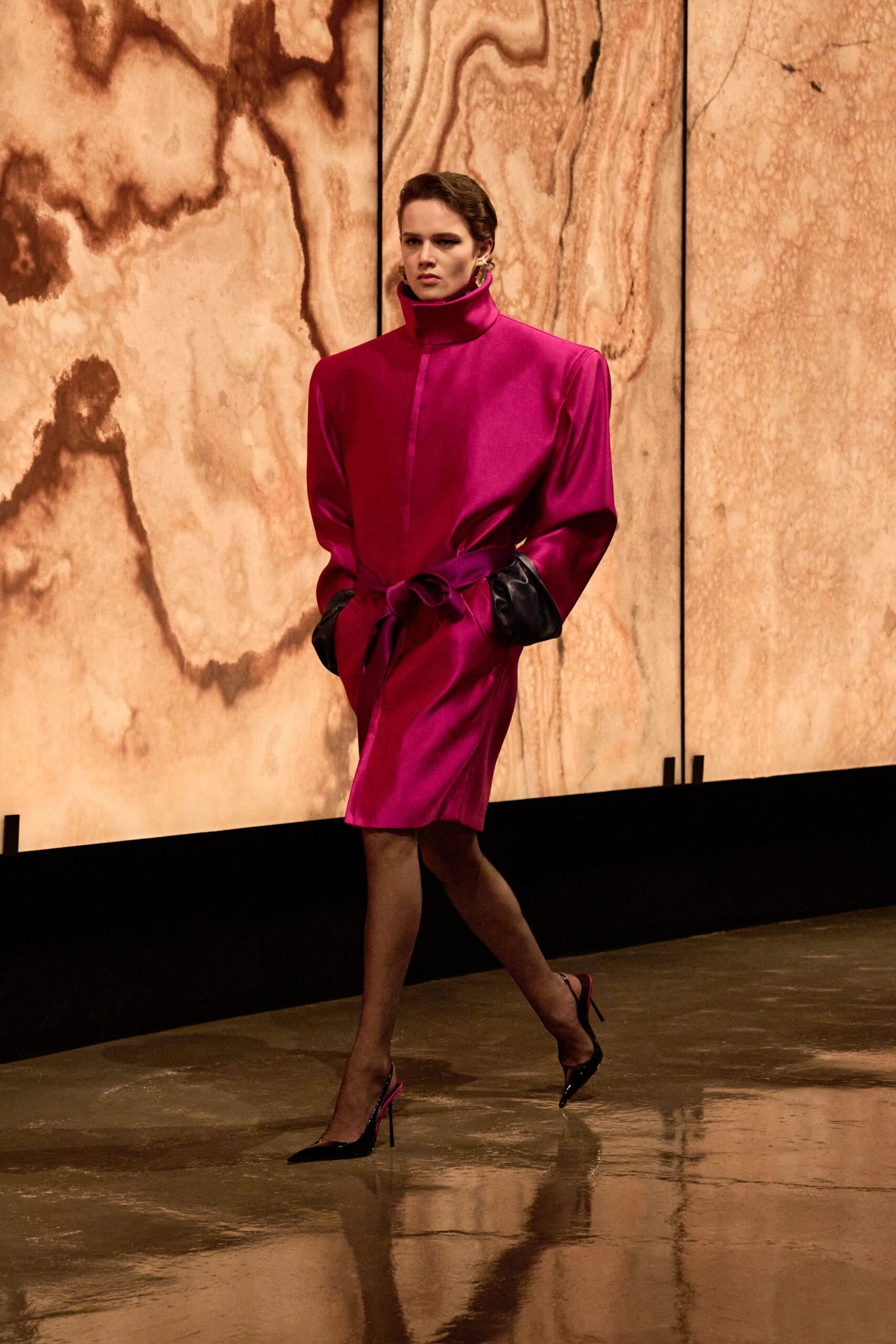 pink silk long-sleeve high-neck oversized belted midi dress