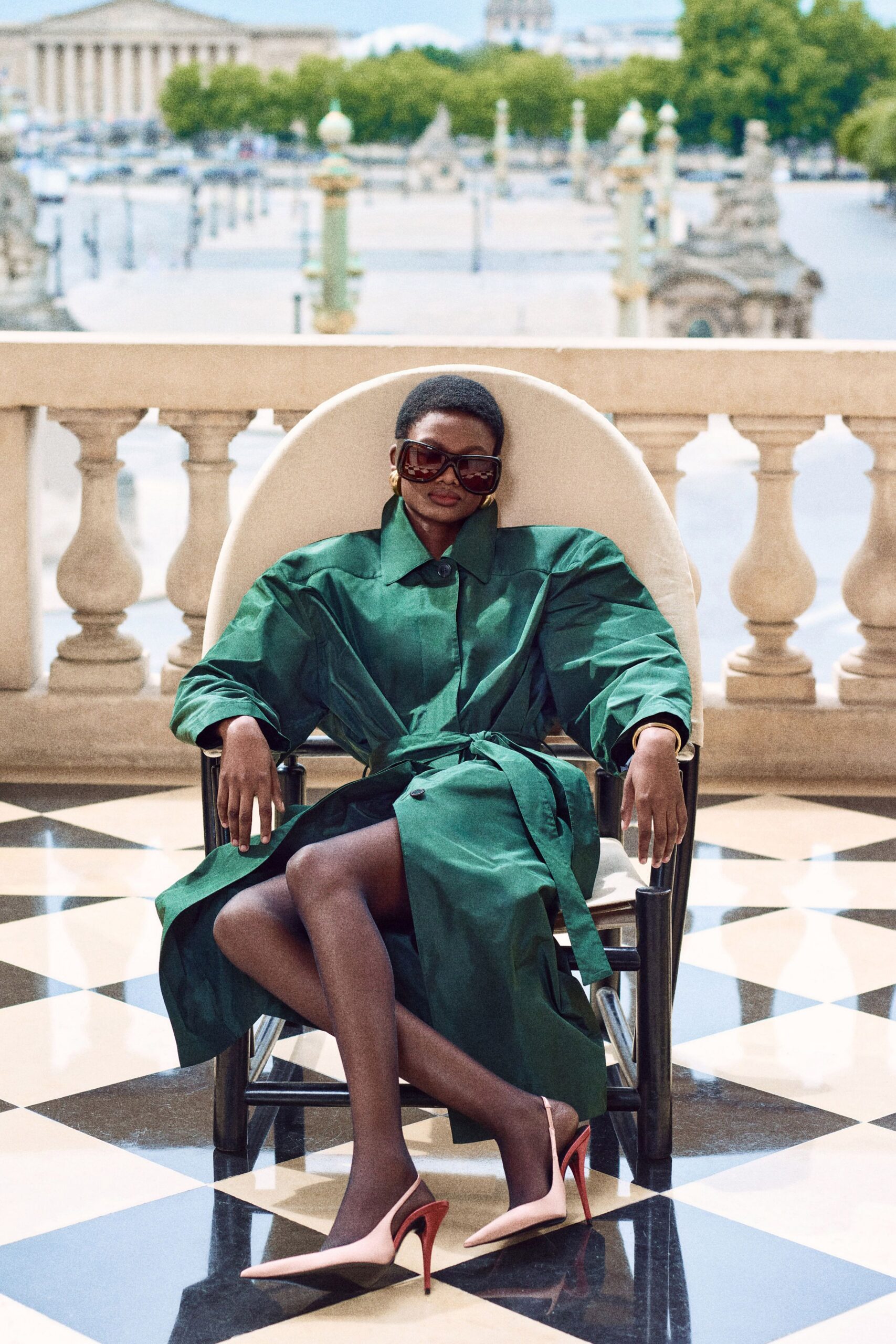 green cotton long-sleeve collared relaxed belted coat