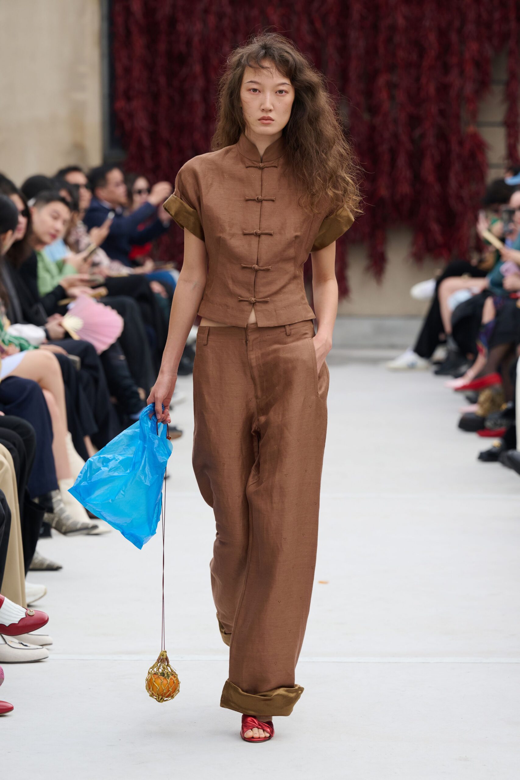 brown fitted top with wide-leg pants