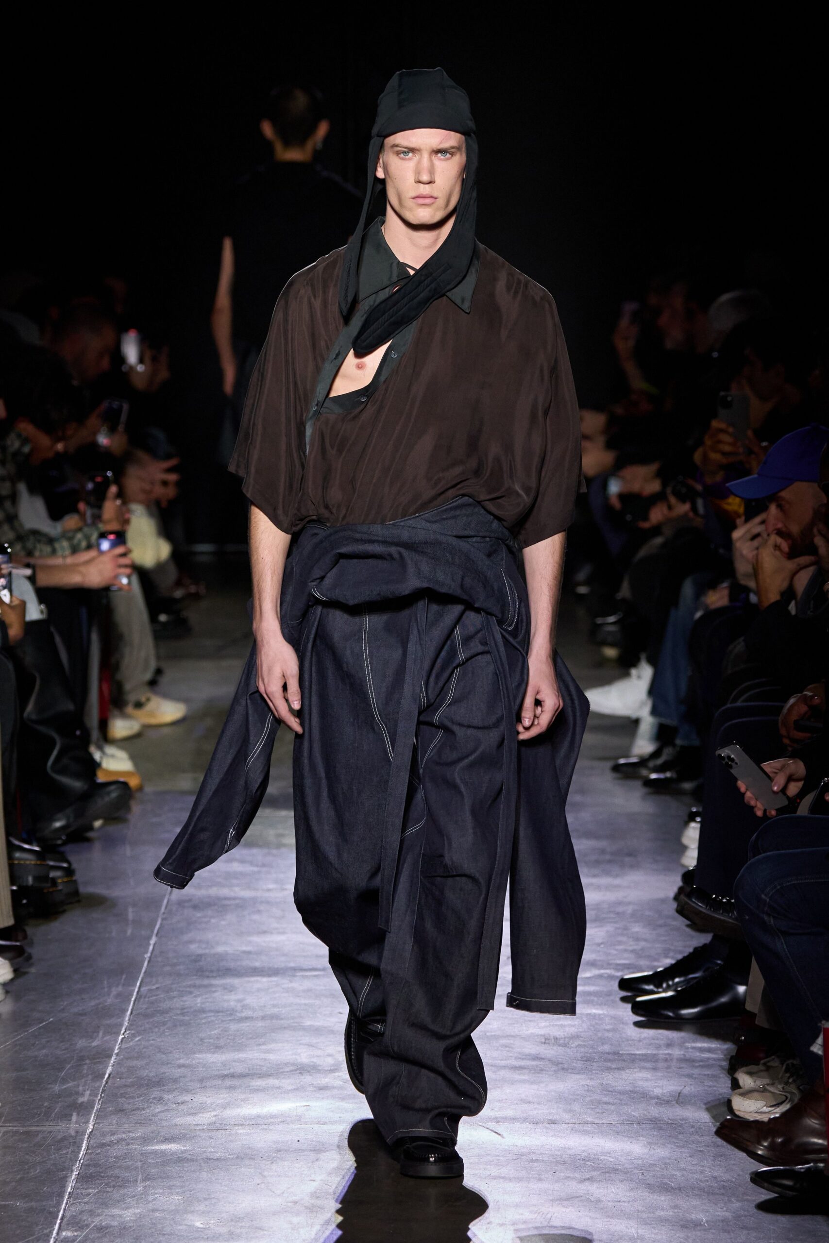 brown relaxed shirt with blue pants