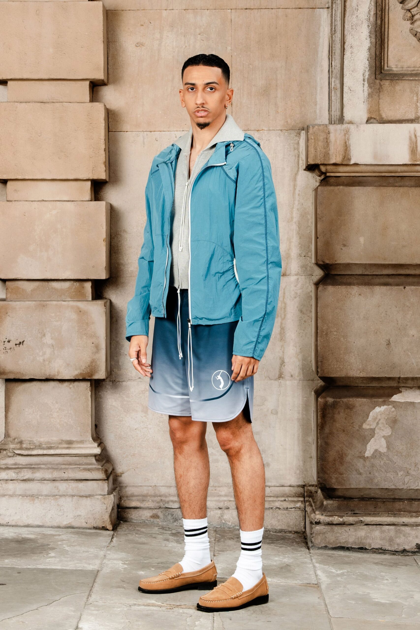 blue jacket gray shirt shorts
