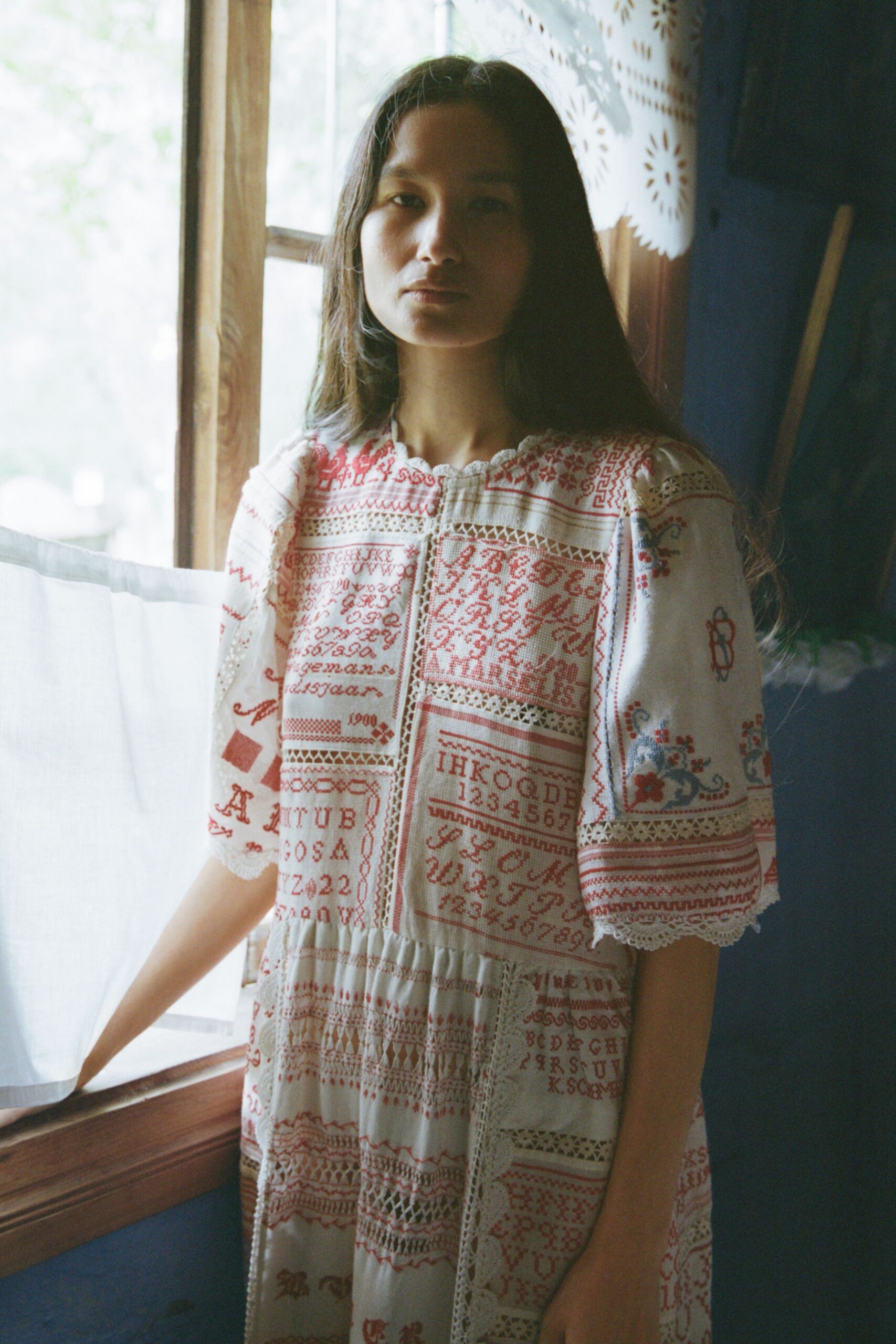 white and red embroidered midi dress