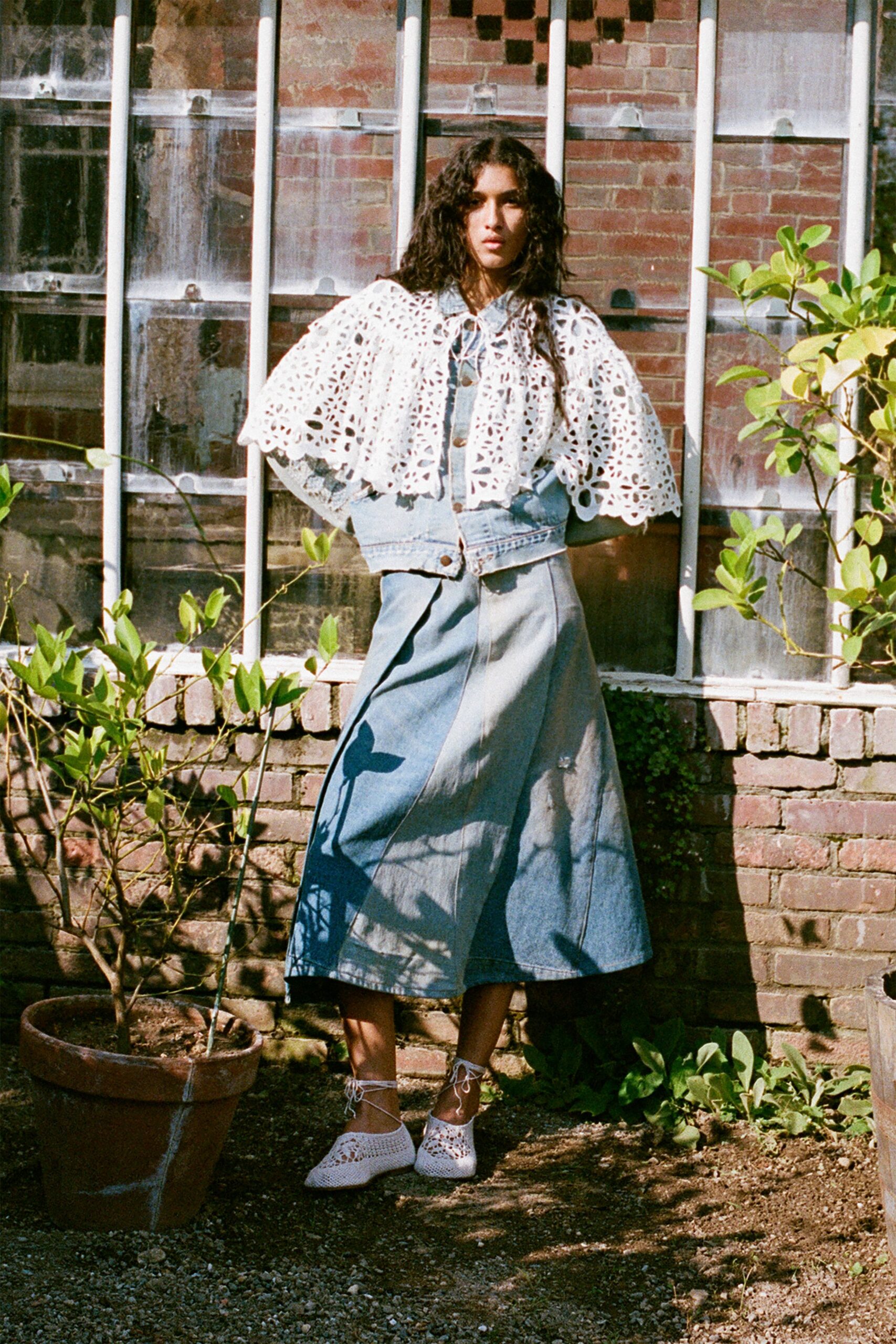 blue denim fitted high-waisted pleated midi skirt