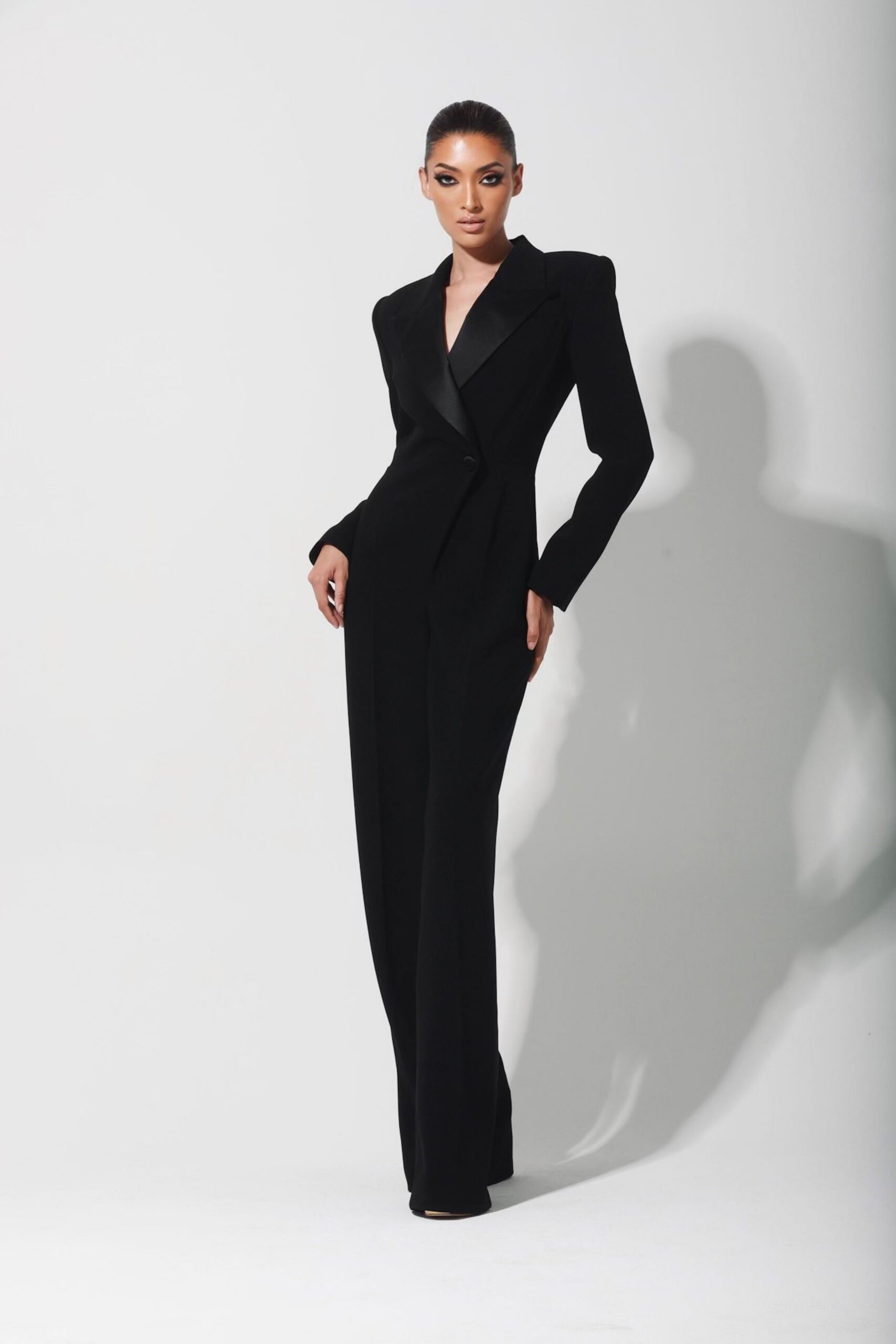 black wool long-sleeve v-neck fitted structured jumpsuit