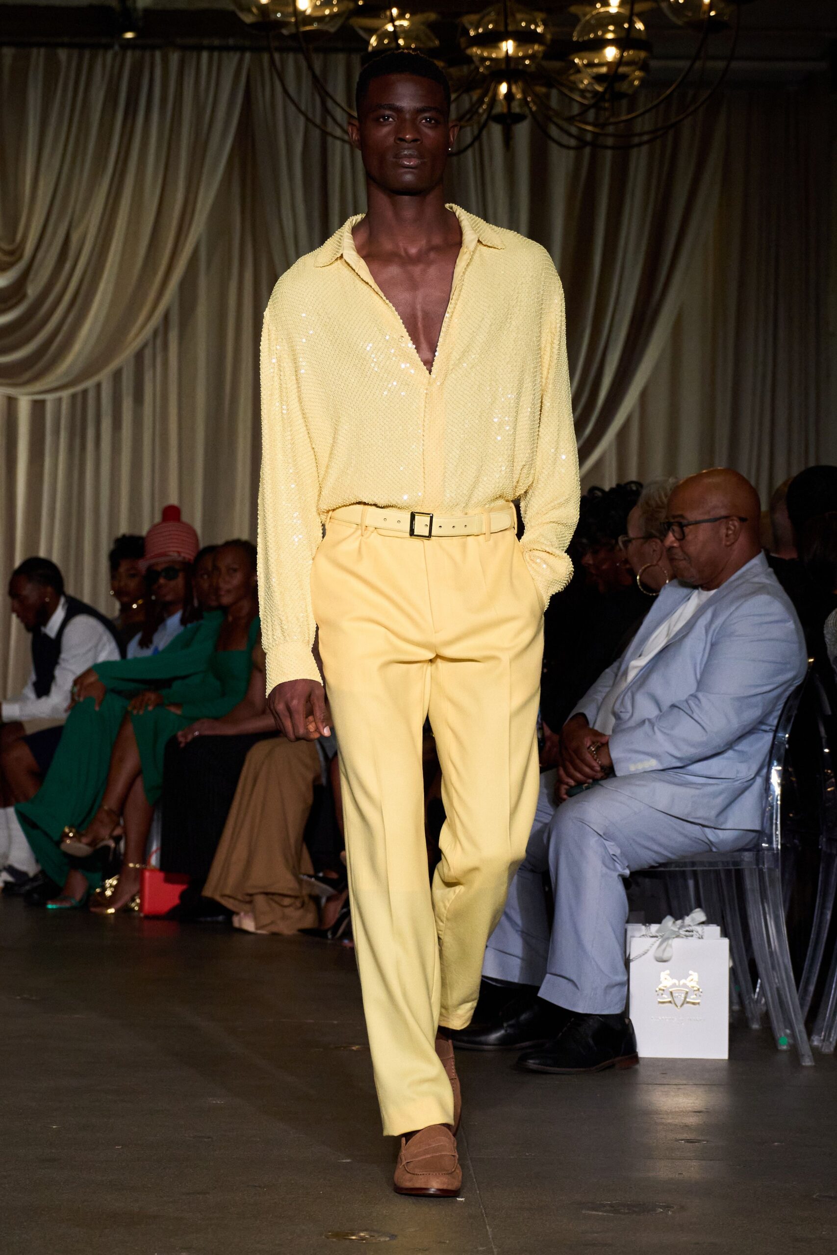 yellow sequined shirt with tailored pants