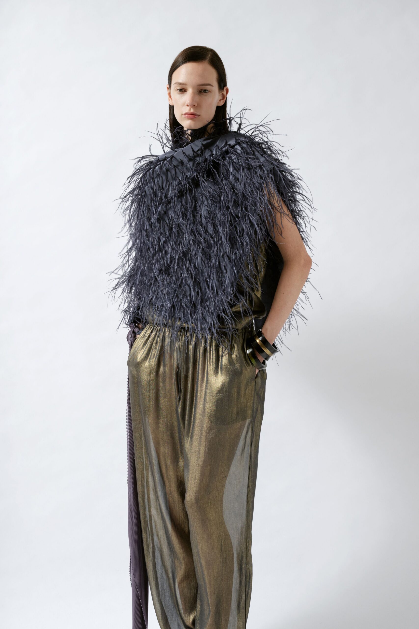 black feather sleeveless relaxed fringed top