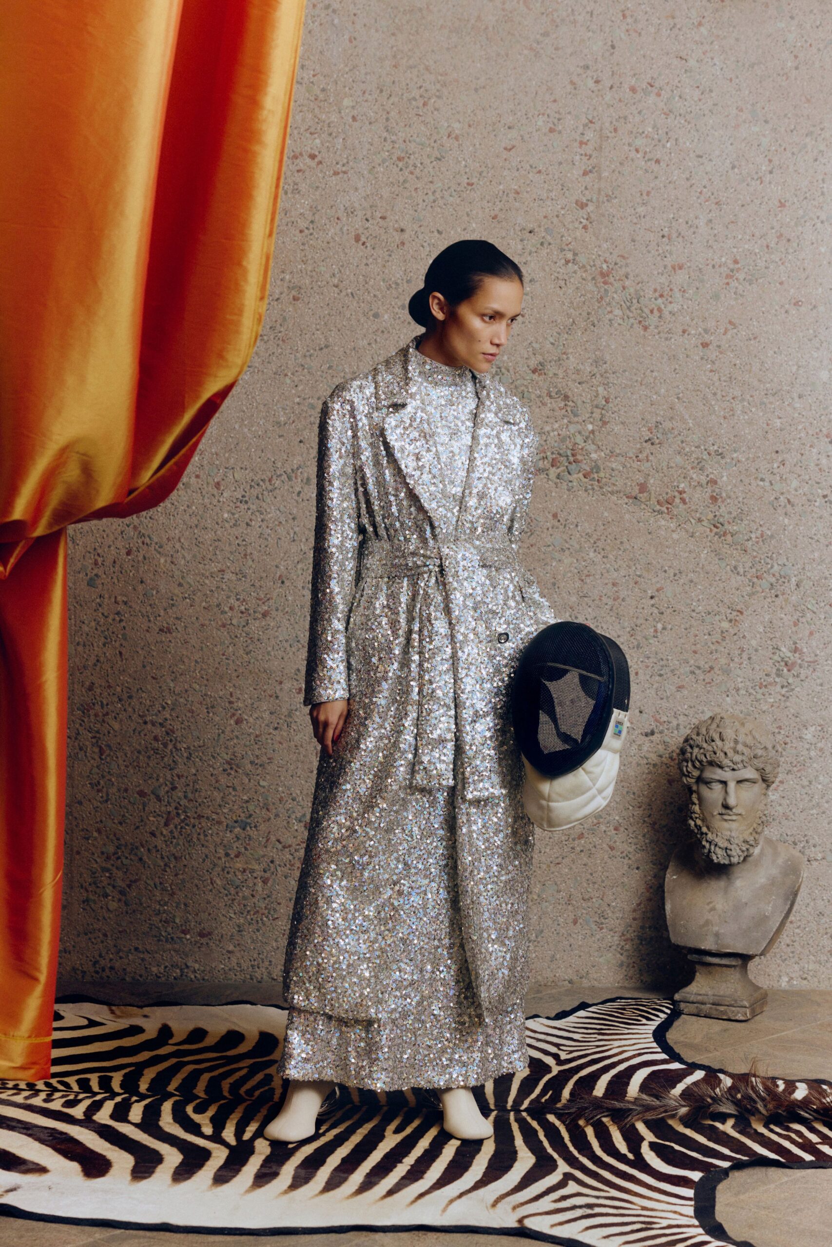 silver sequin belted gown
