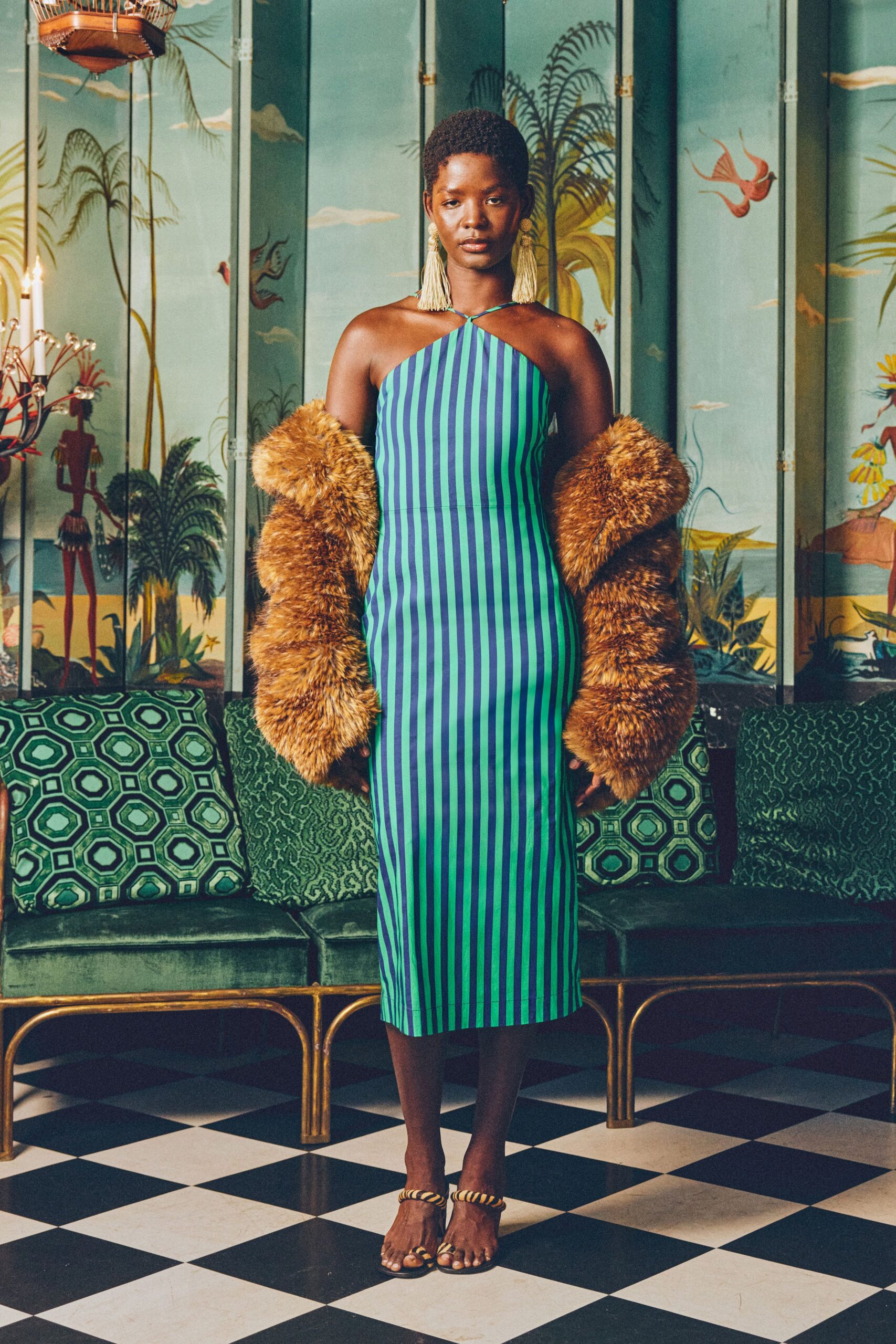 blue green striped midi dress with fur coat