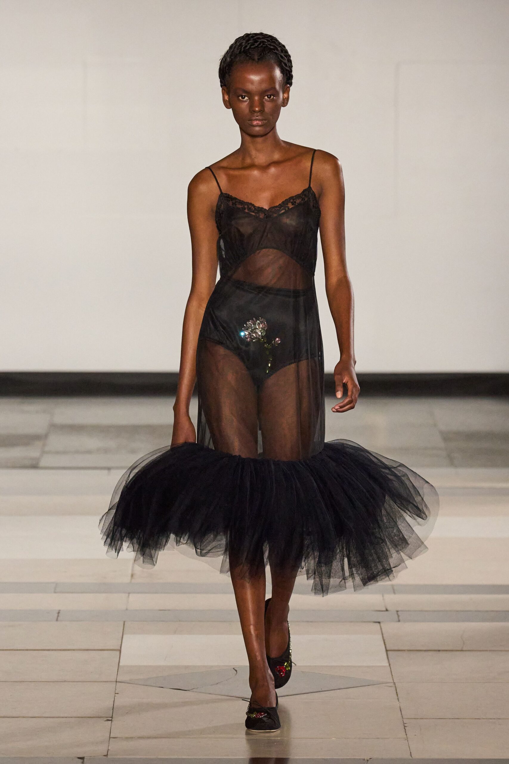 black sheer layered dress with embellished shoes