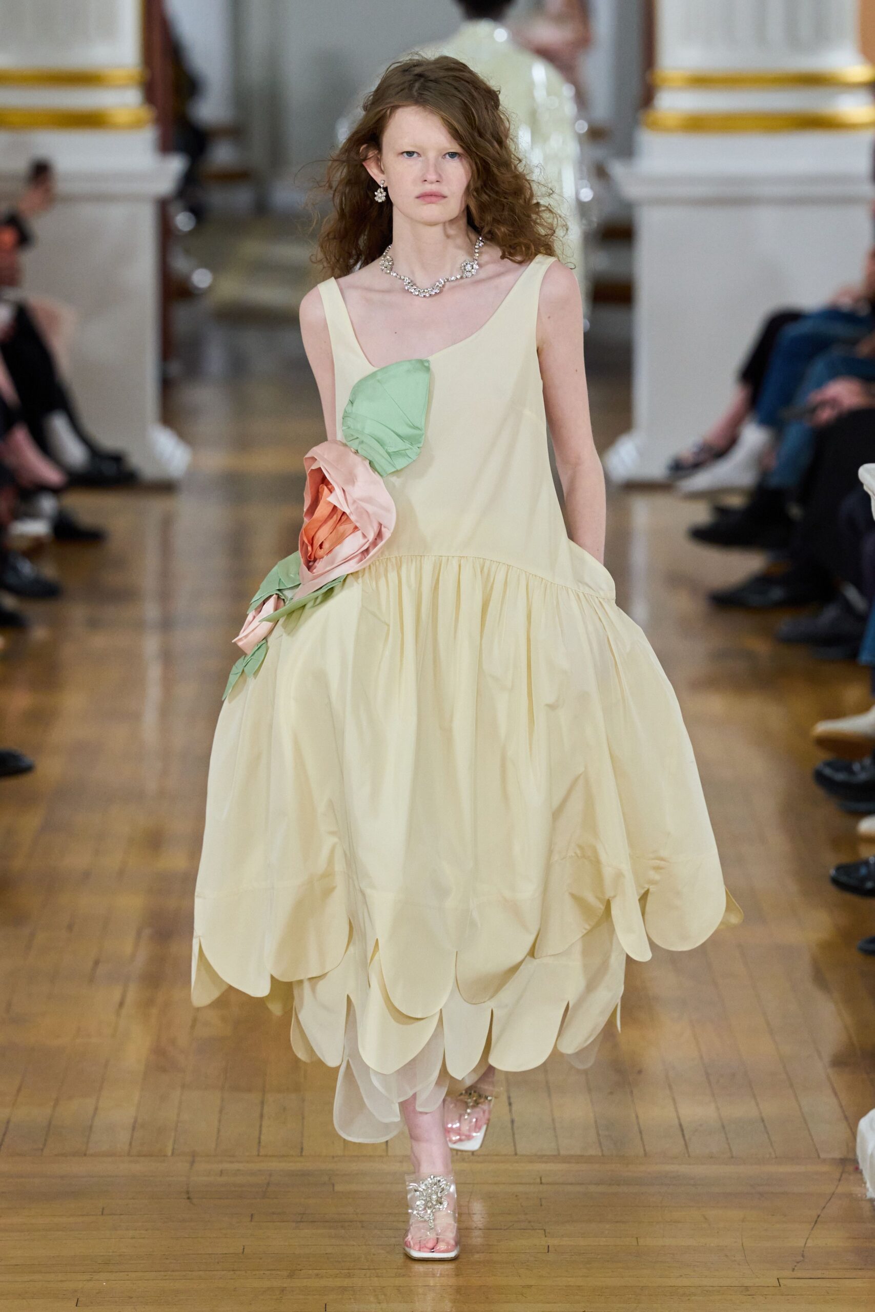 yellow silk sleeveless v-neck relaxed tiered flared dress
