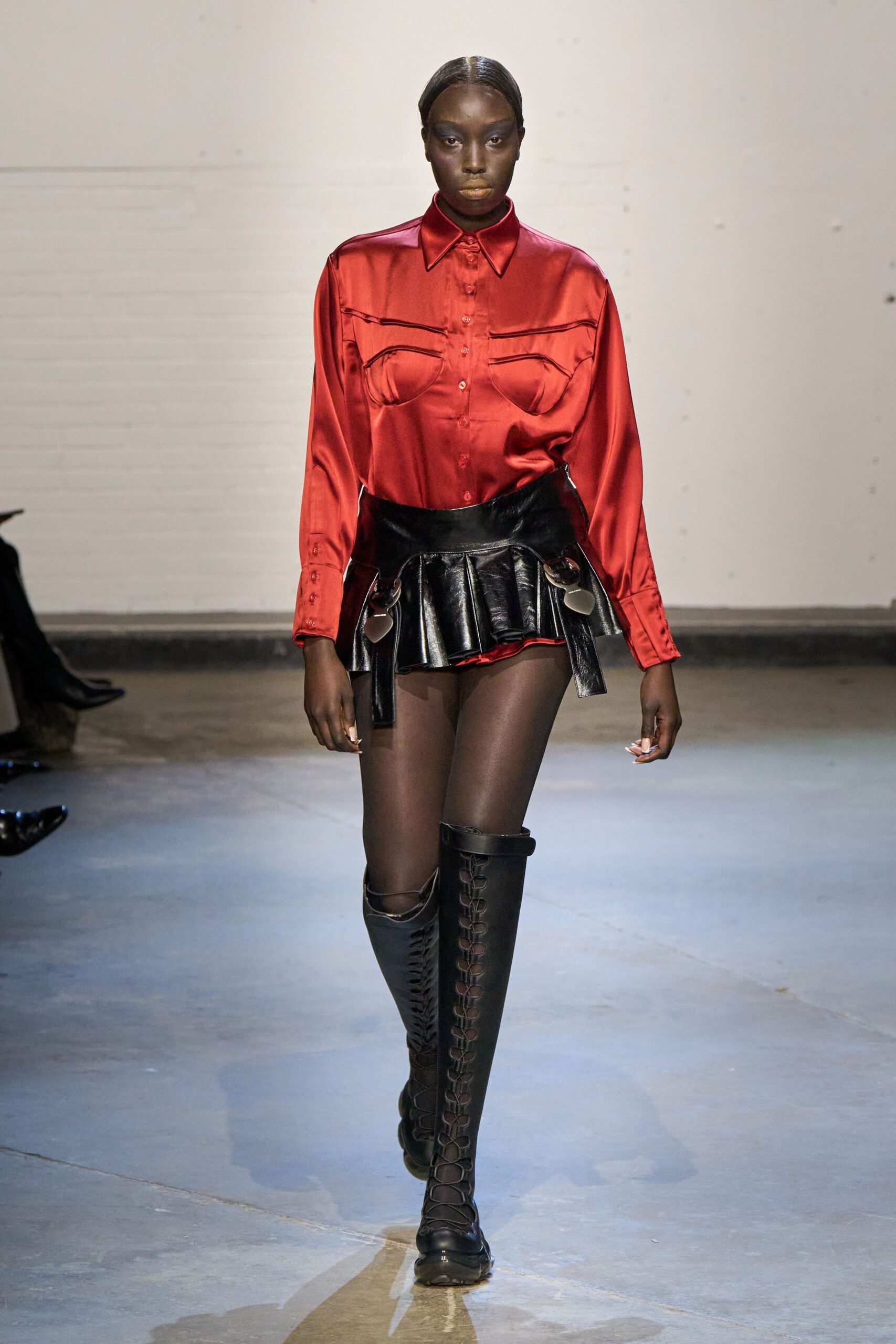 red silk long-sleeve collared fitted buttoned shirt