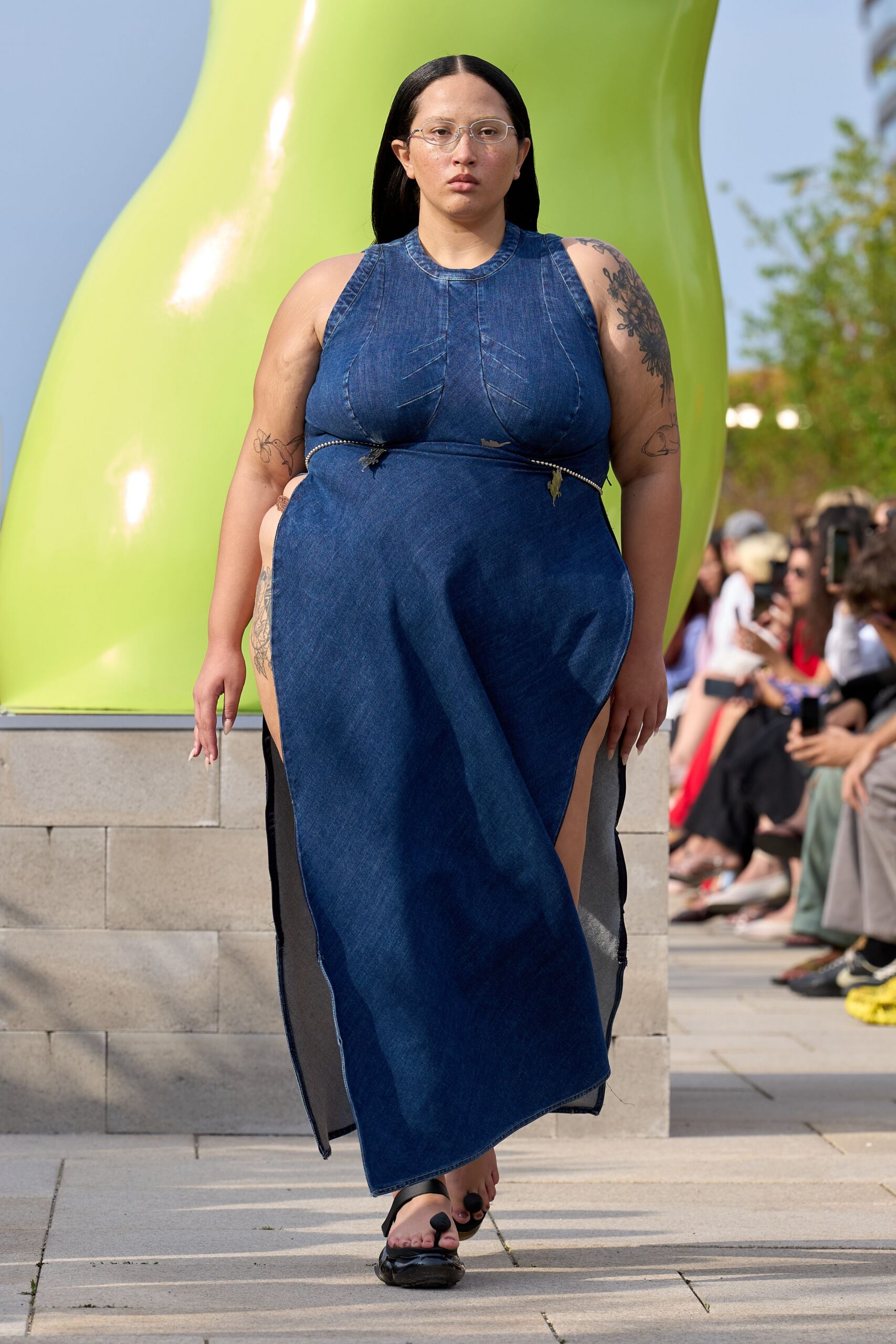 blue denim sleeveless high-neck fitted maxi dress