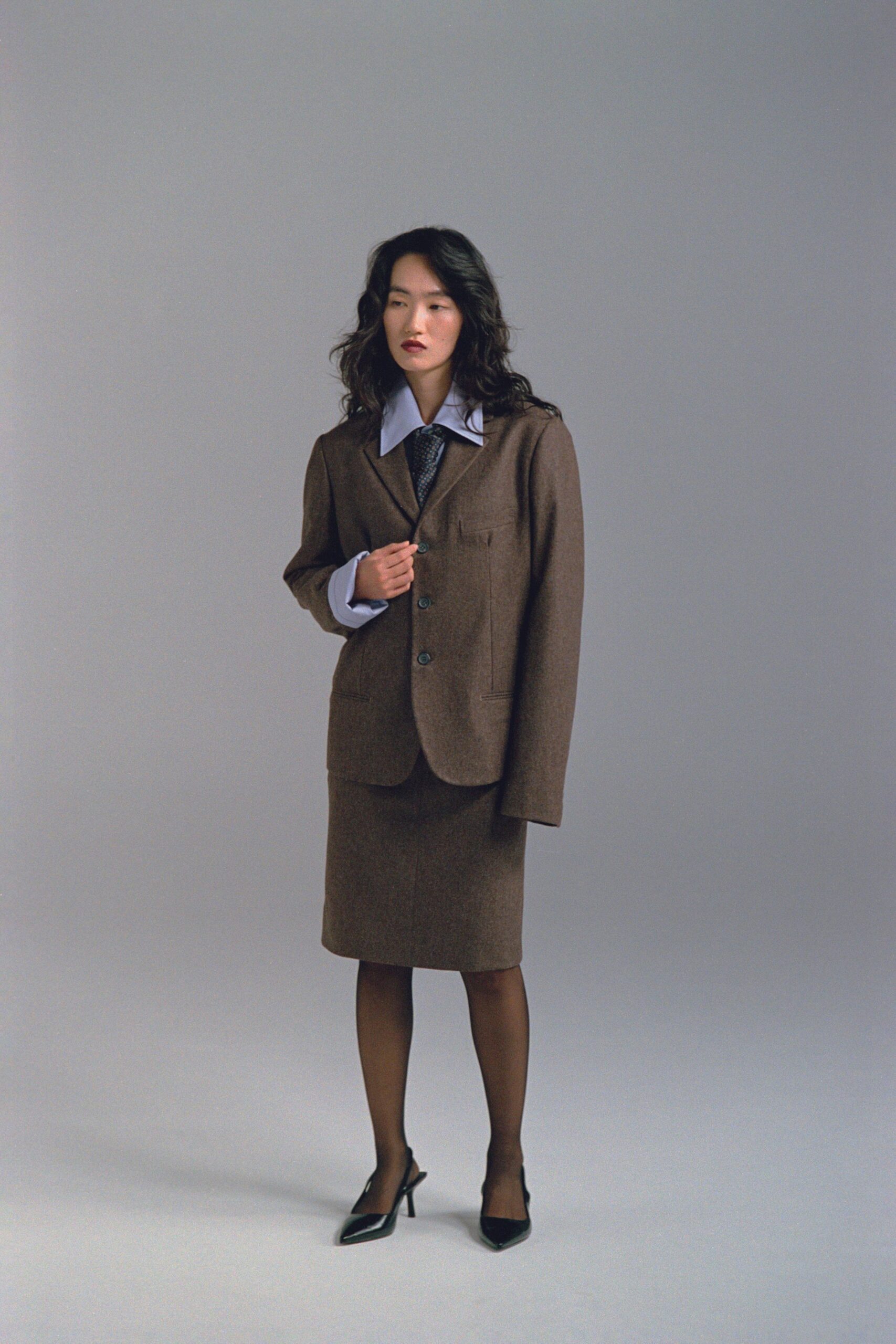 brown wool blazer and skirt
