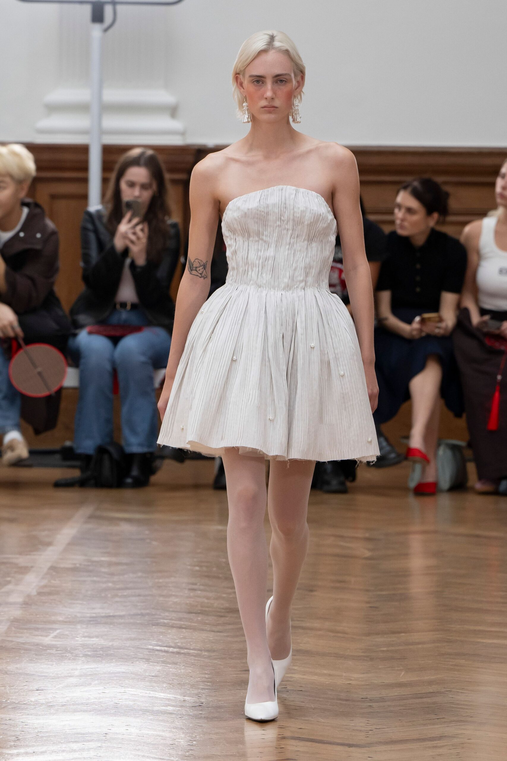 white cotton strapless fitted pleated mini dress