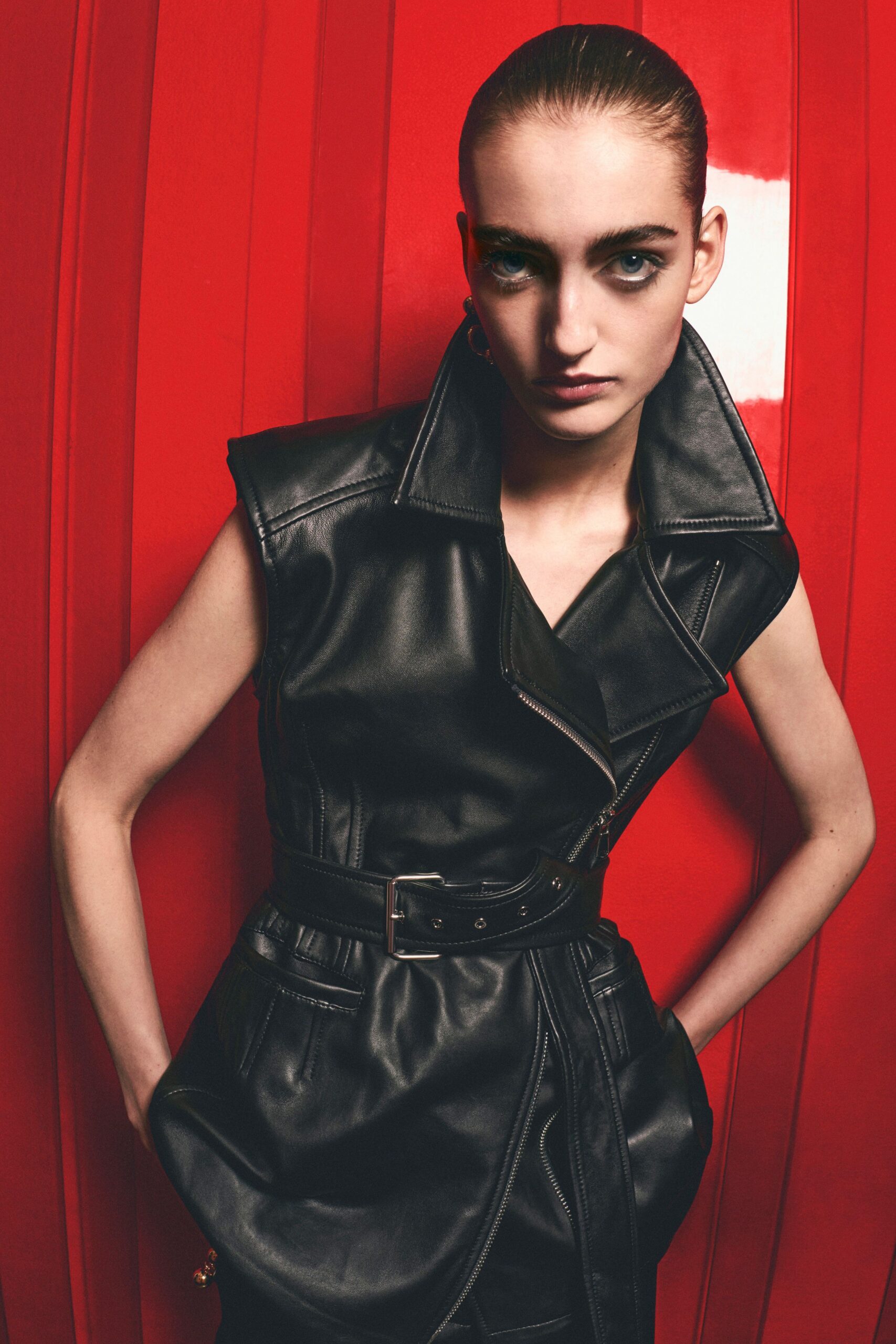 black leather sleeveless dress