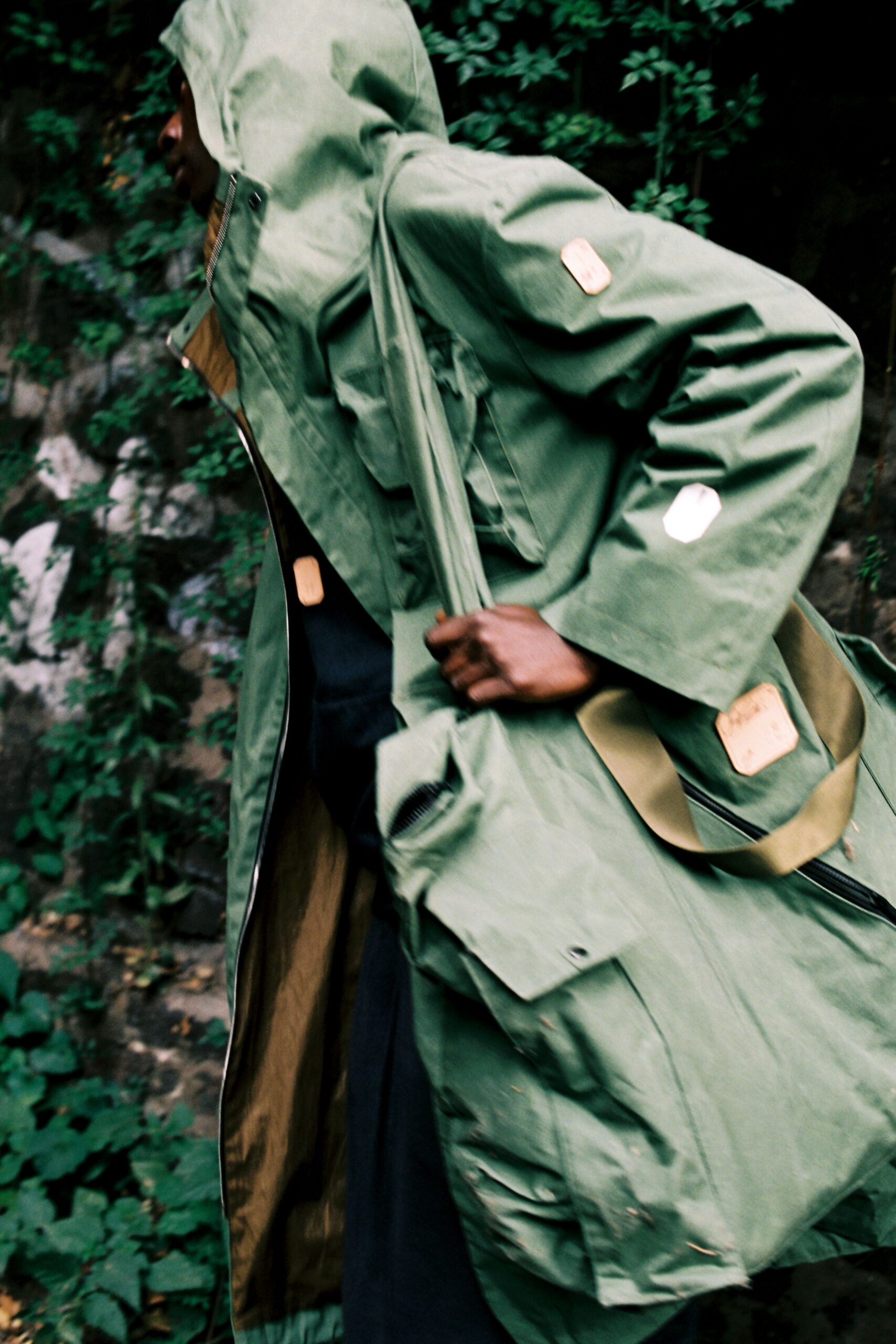 green cotton parka and bag