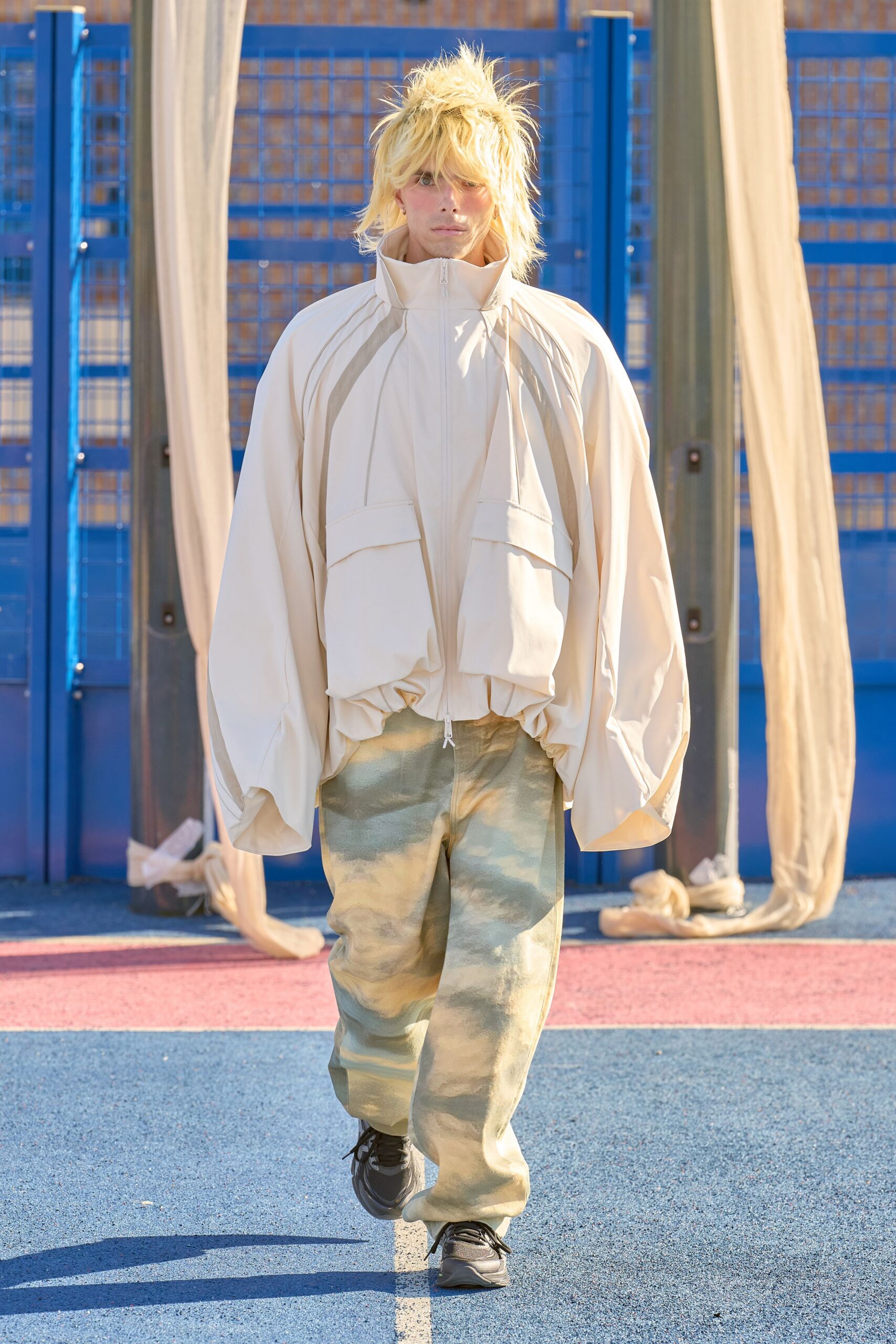 beige oversized jacket with green pants