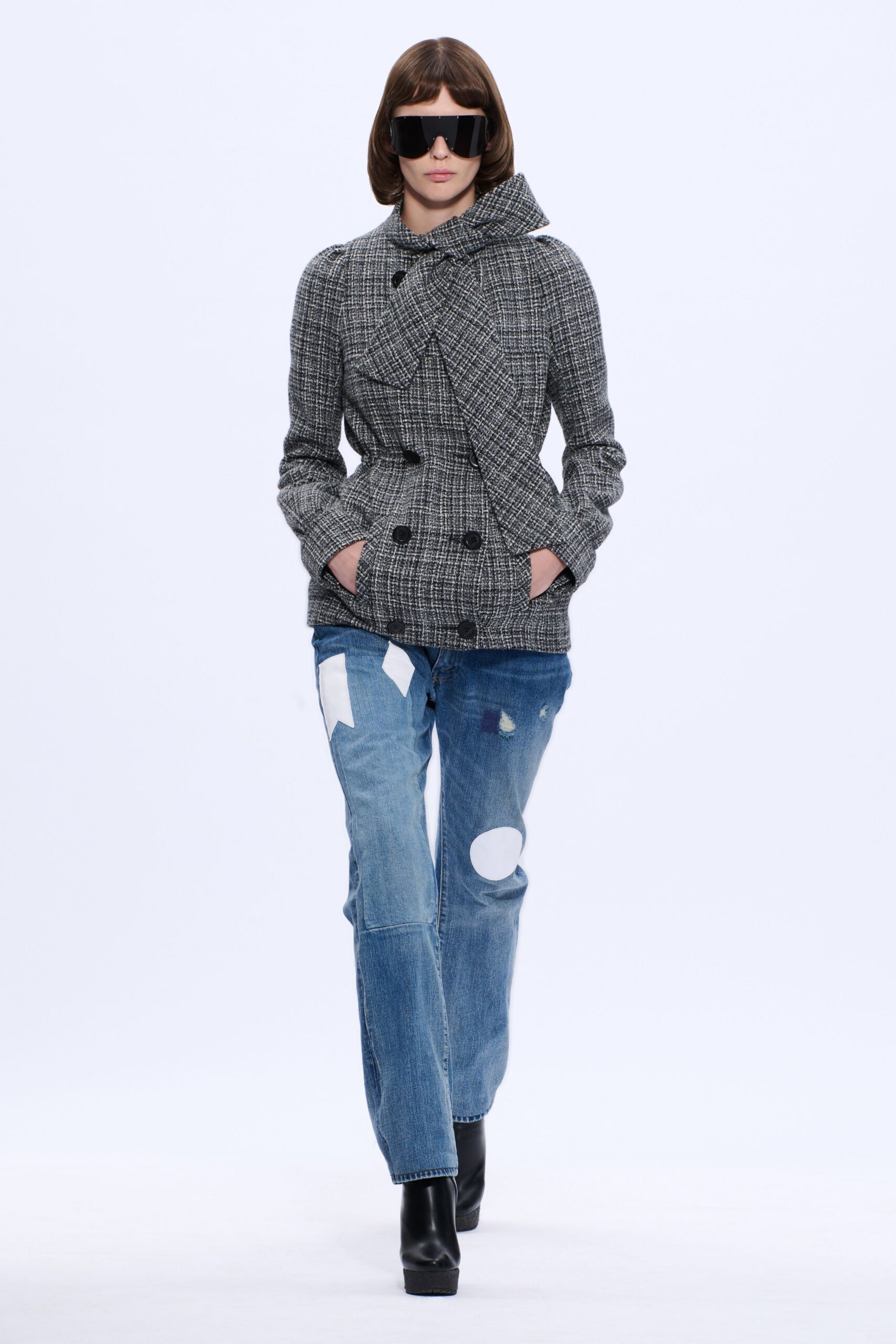 gray wool long-sleeve collared structured checked jacket